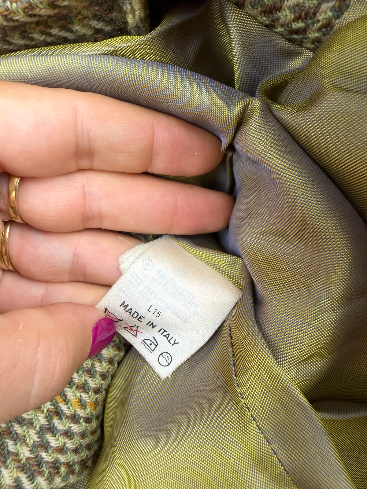 Blazer vintage 80s in lana vergine – check verde e collo a contrasto