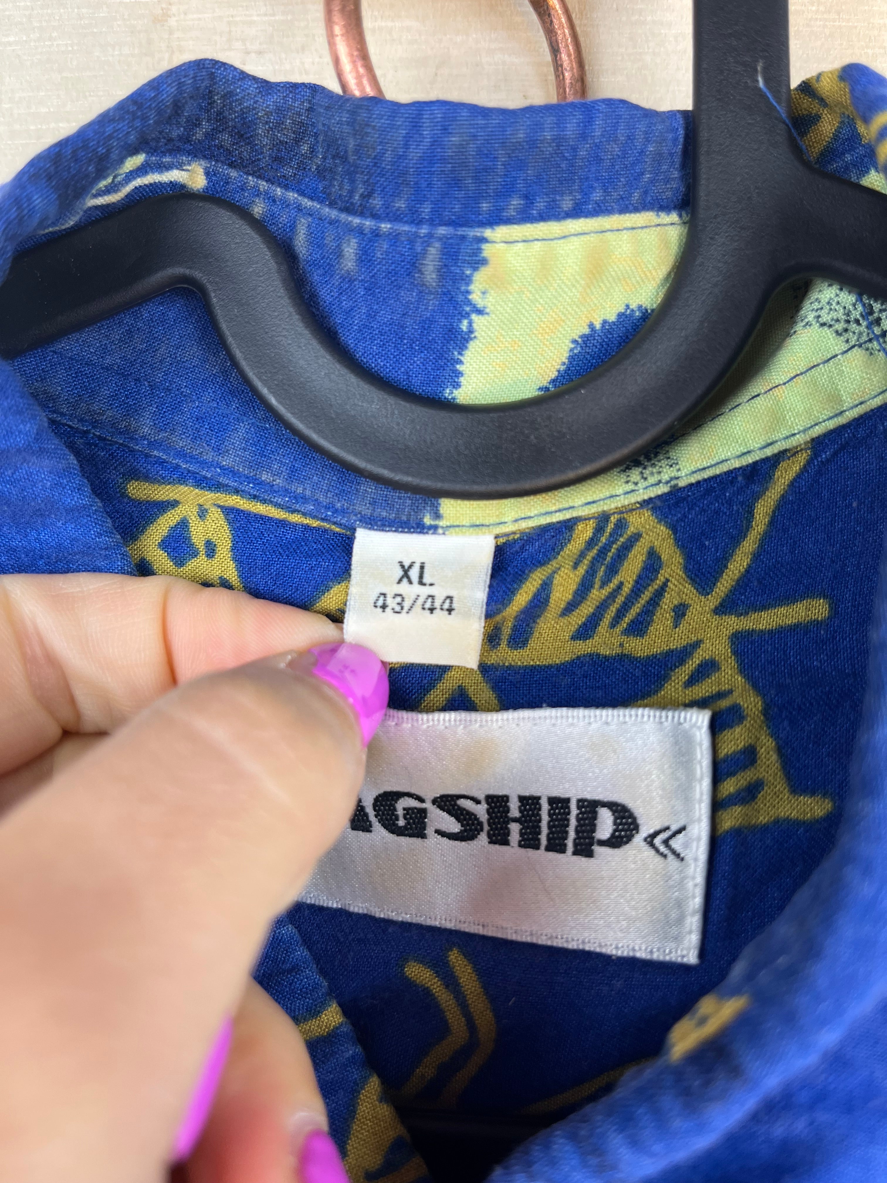 Vintage Abstract Print Short Sleeve Shirt Blue Oversized Summer Shirt XL