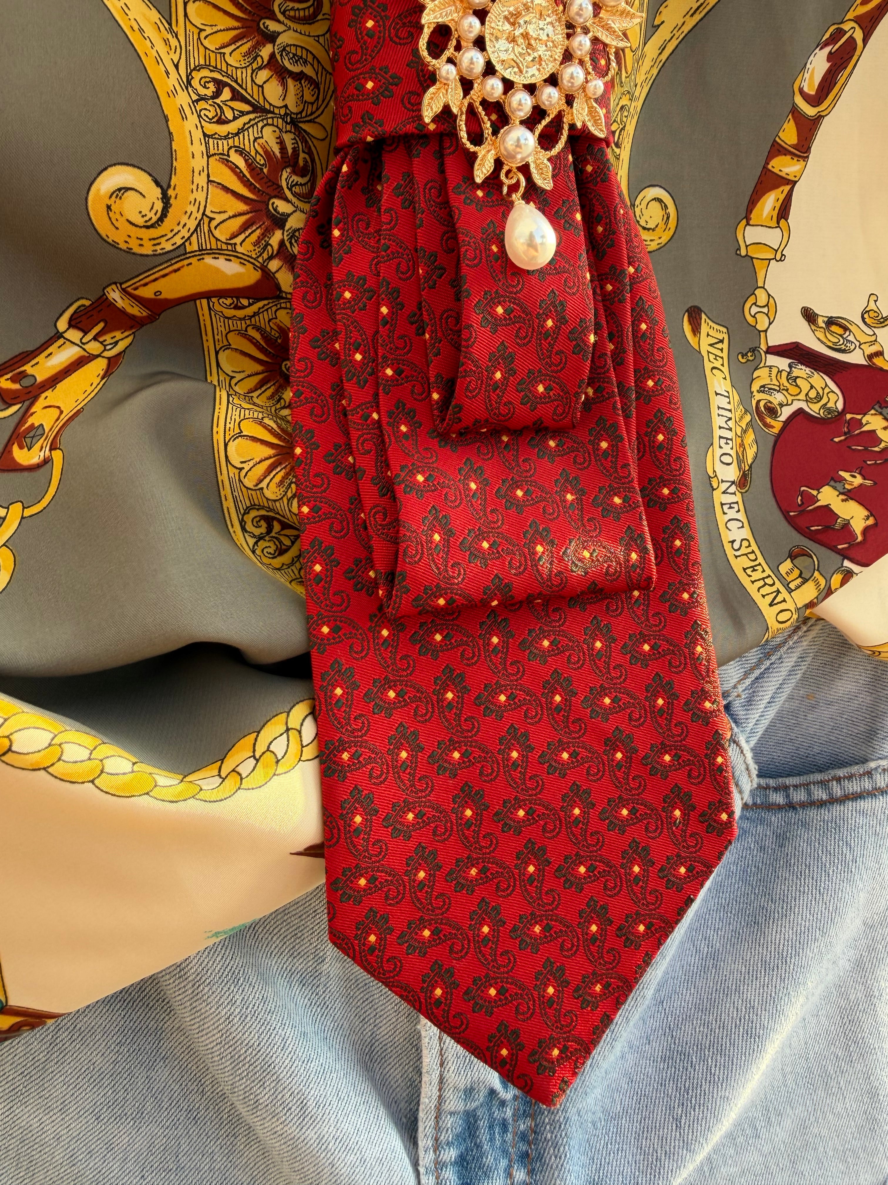 Upcycled Vintage Tie Necklace with Removable Gold Pearl Brooch