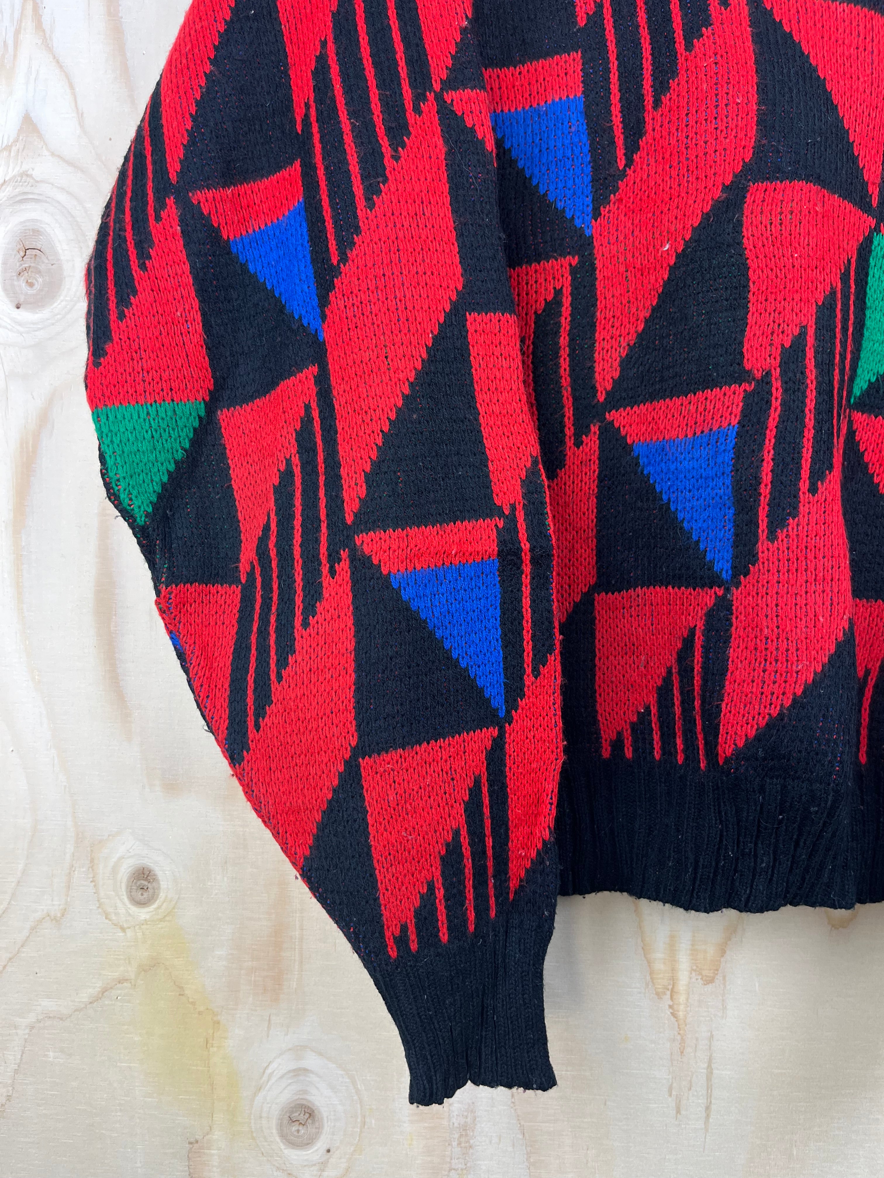 Vintage 90s Geometric Knit Sweater – Red & Black Oversized