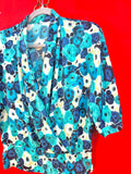 Blusa vintage pura seta fantasia astratta blu e turchese