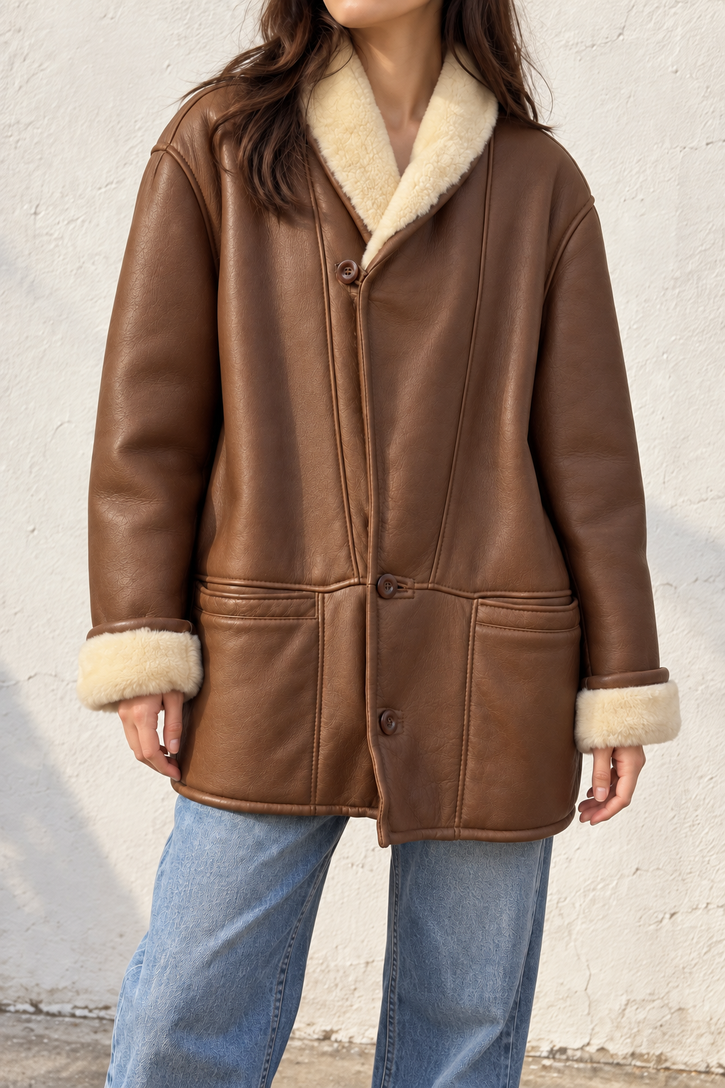 Montone vintage marrone con collo e polsini in shearling