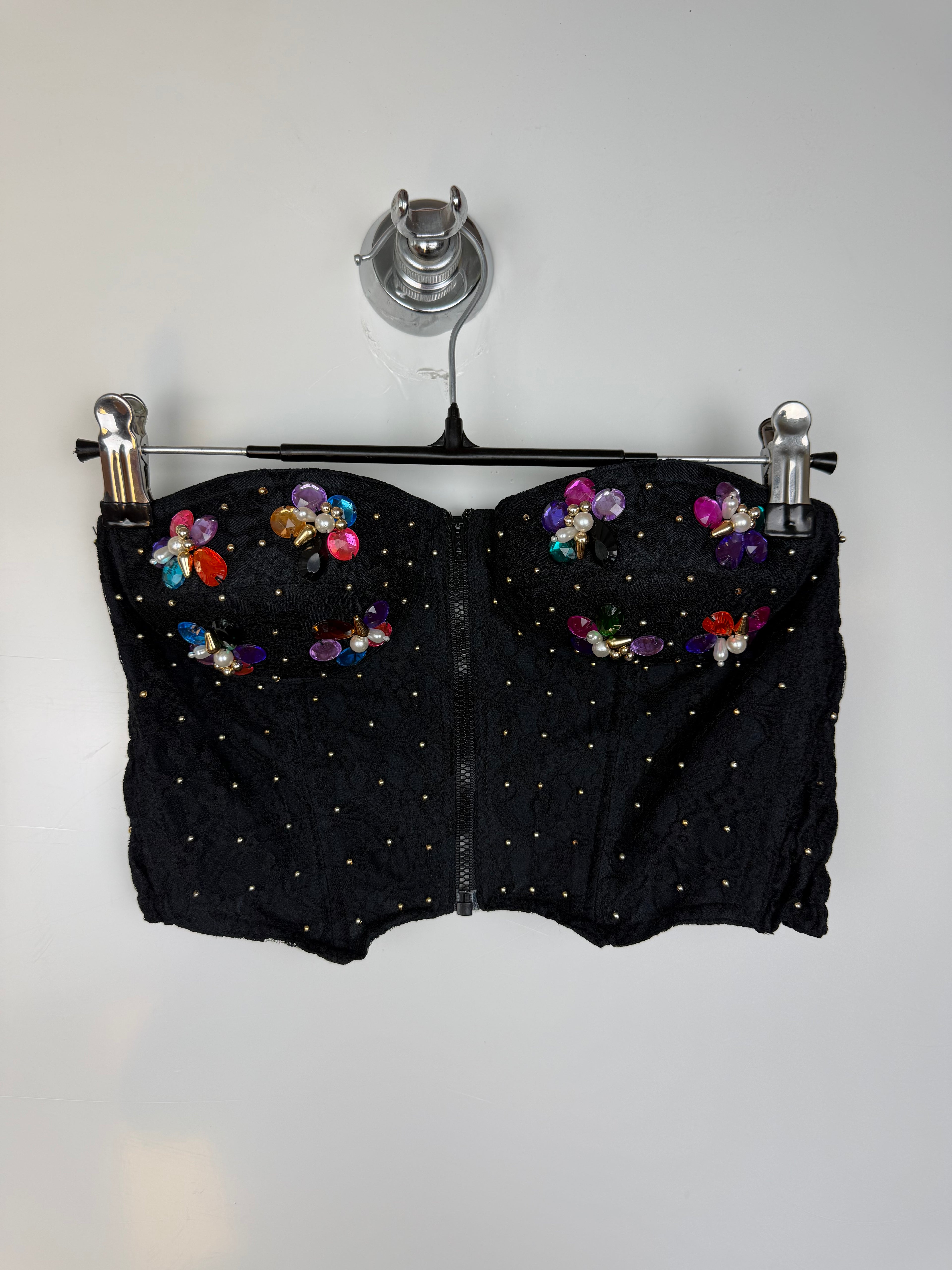 Vintage Carisma Bustier Nero Gioiello in Pizzo – Y2K