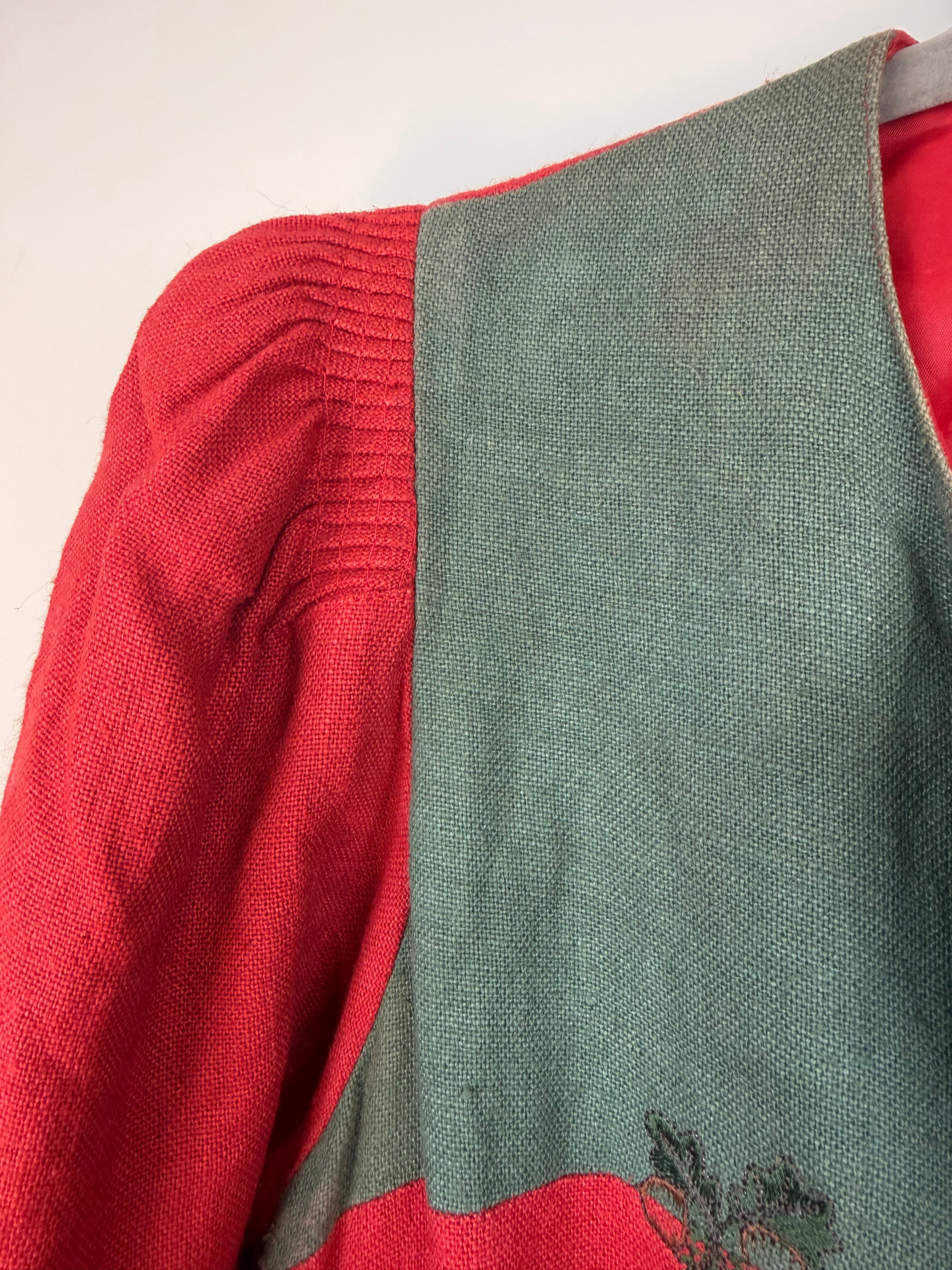 Vintage Austrian Linen Blend Dress by H. Moser – Red & Green Tirolean Maxi Dress