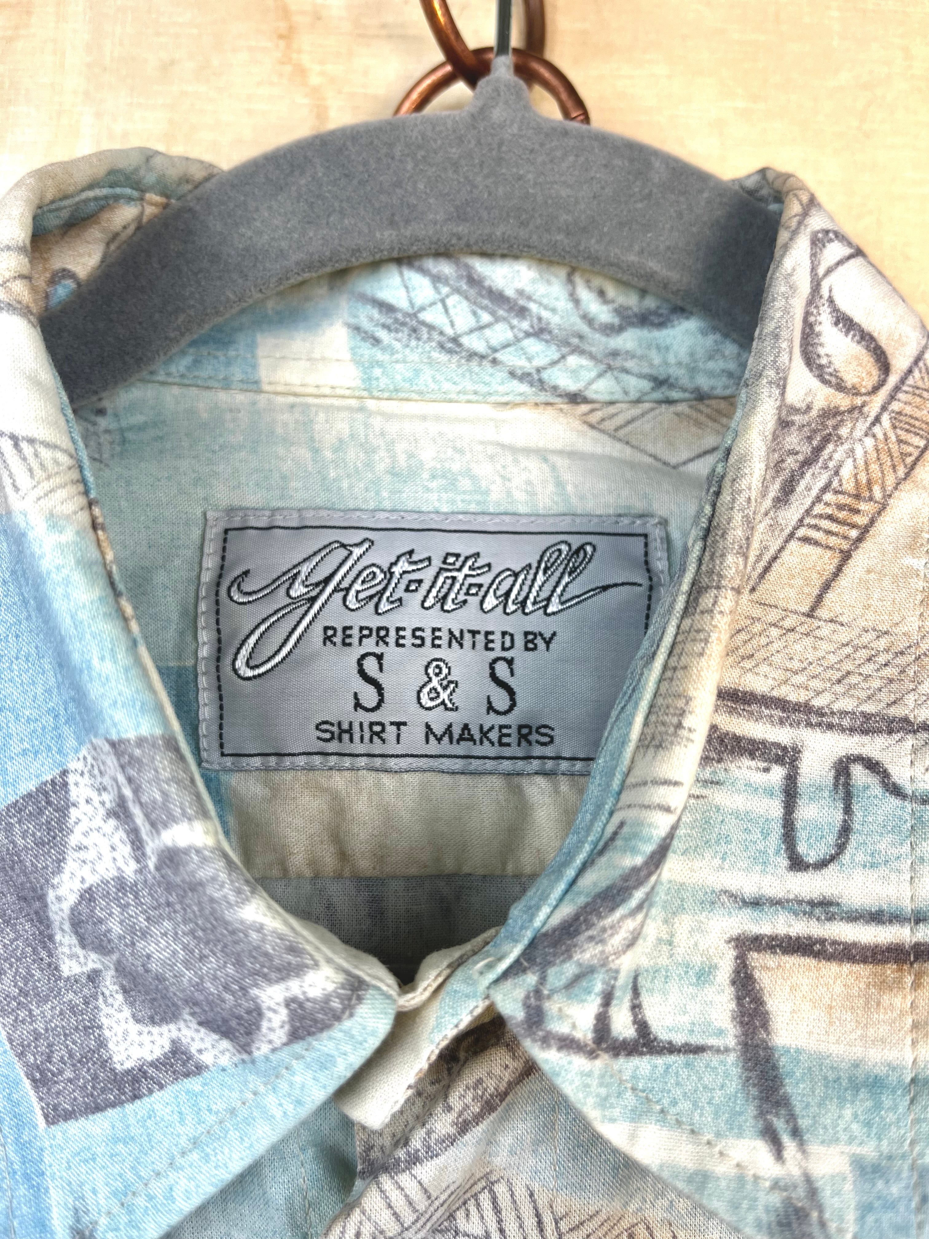 Vintage Artistic Pattern Shirt – Light Blue Retro Long Sleeve