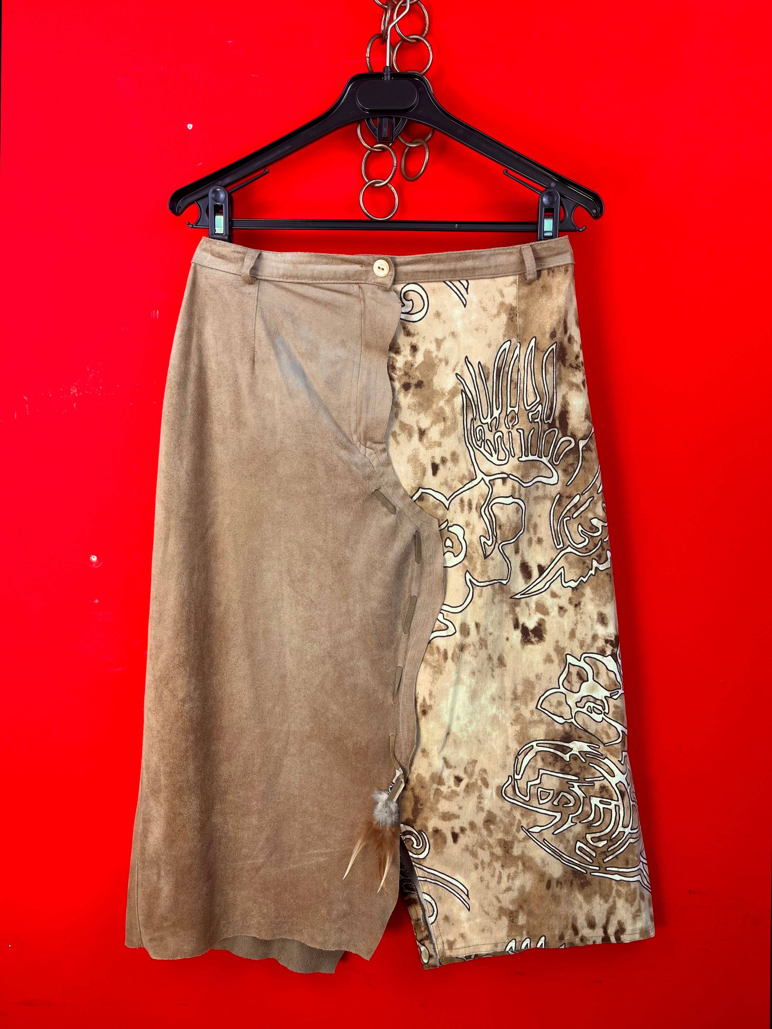 Vintage Asymmetric Wrap Skirt in Suede Effect & Abstract Print – Made in Italy