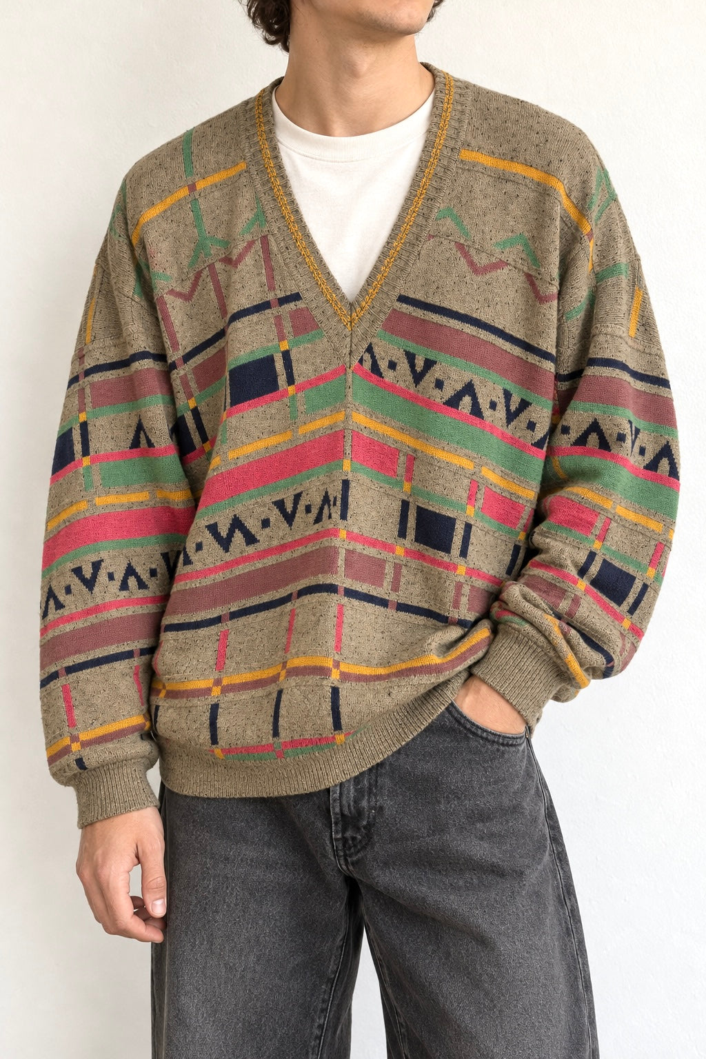 Maglione vintage geometrico multicolore – XL