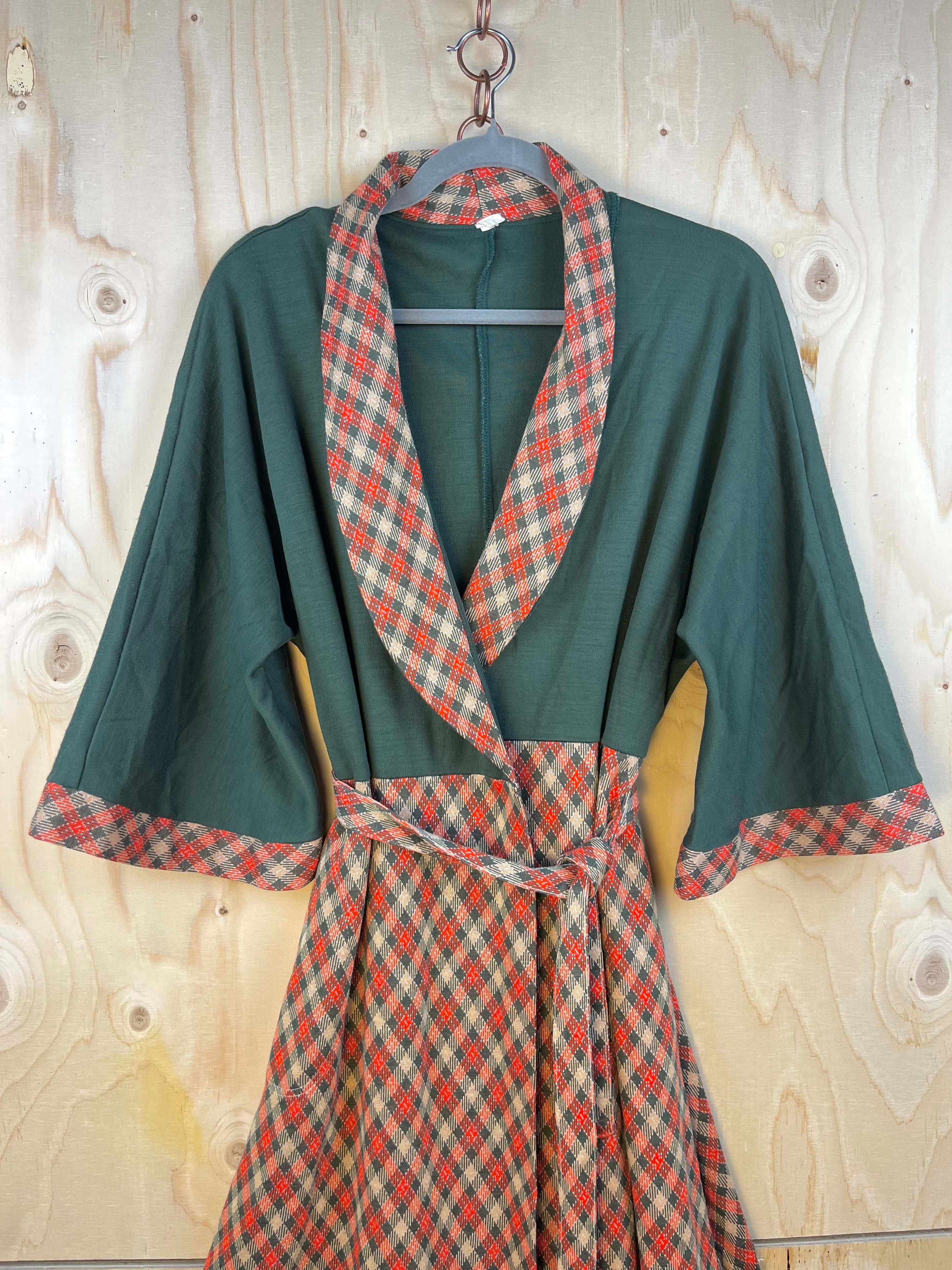 Vintage Wrap Dress Green Top Plaid Skirt Midi Dress