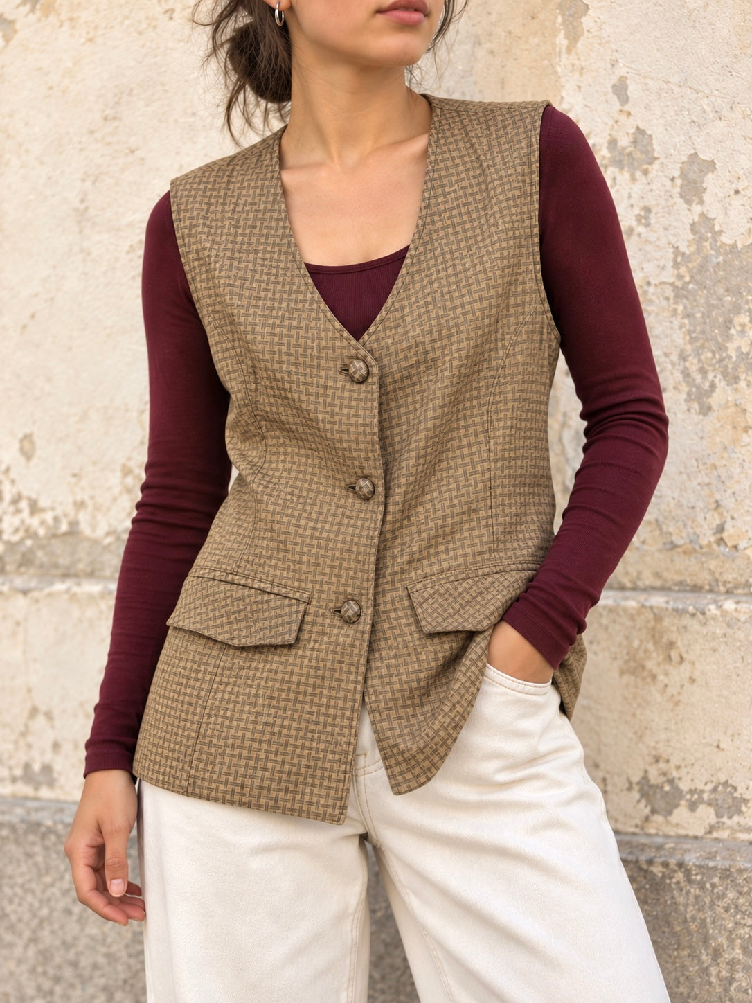 Gilet vintage in vera pelle fantasia geometrica – Made in Italy