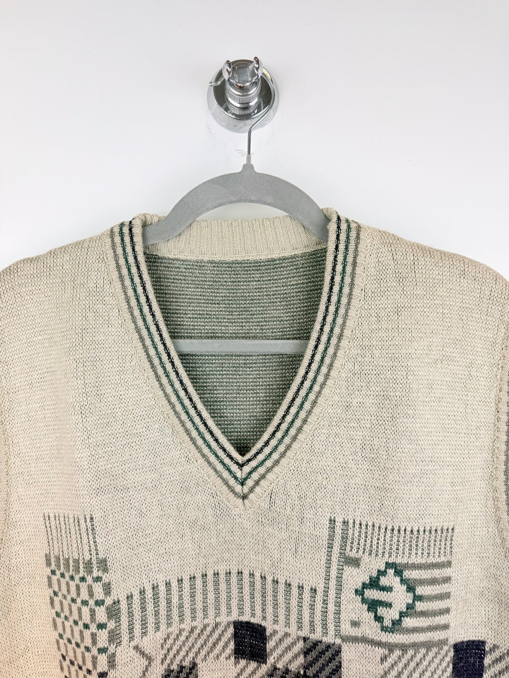 Gilet vintage beige in misto lana con fantasia geometrica