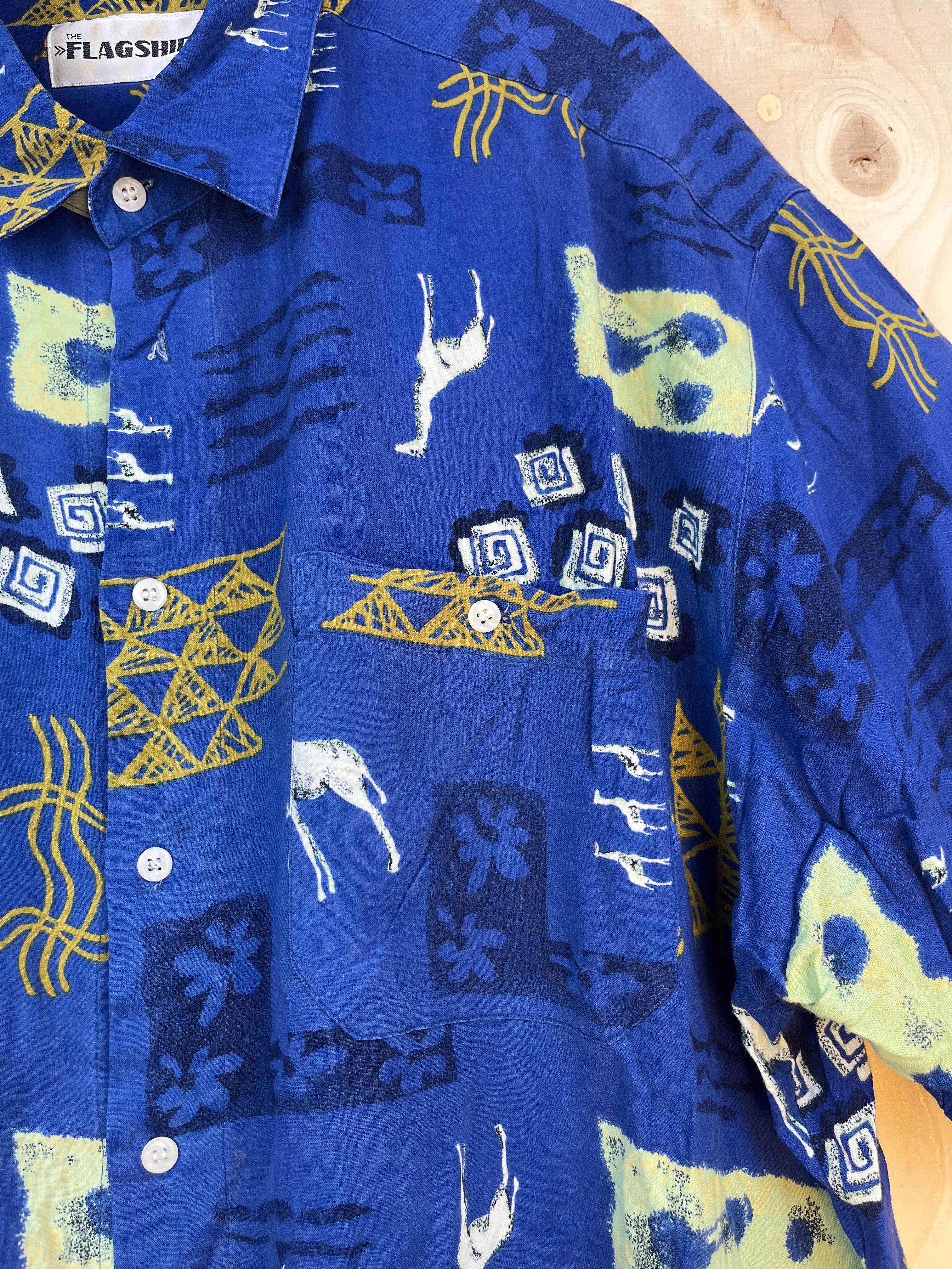 Vintage Abstract Print Short Sleeve Shirt Blue Oversized Summer Shirt XL