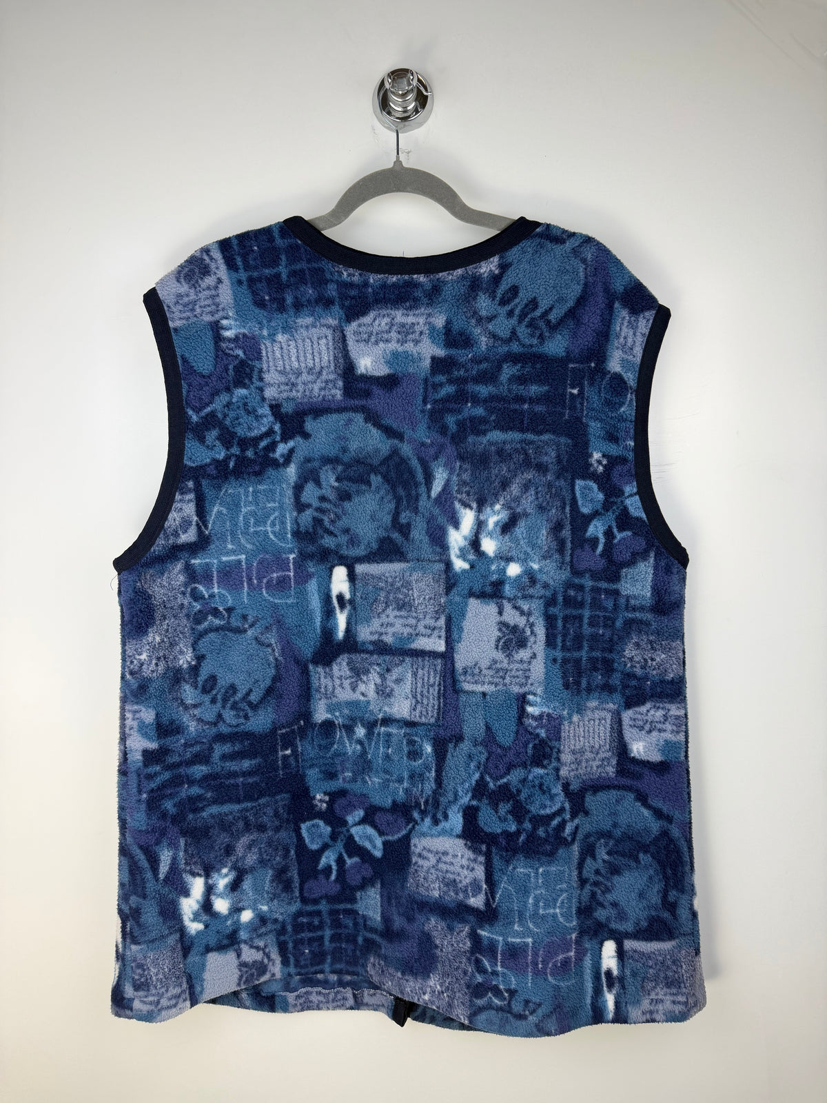 Gilet vintage lungo in pile blu con fantasia astratta