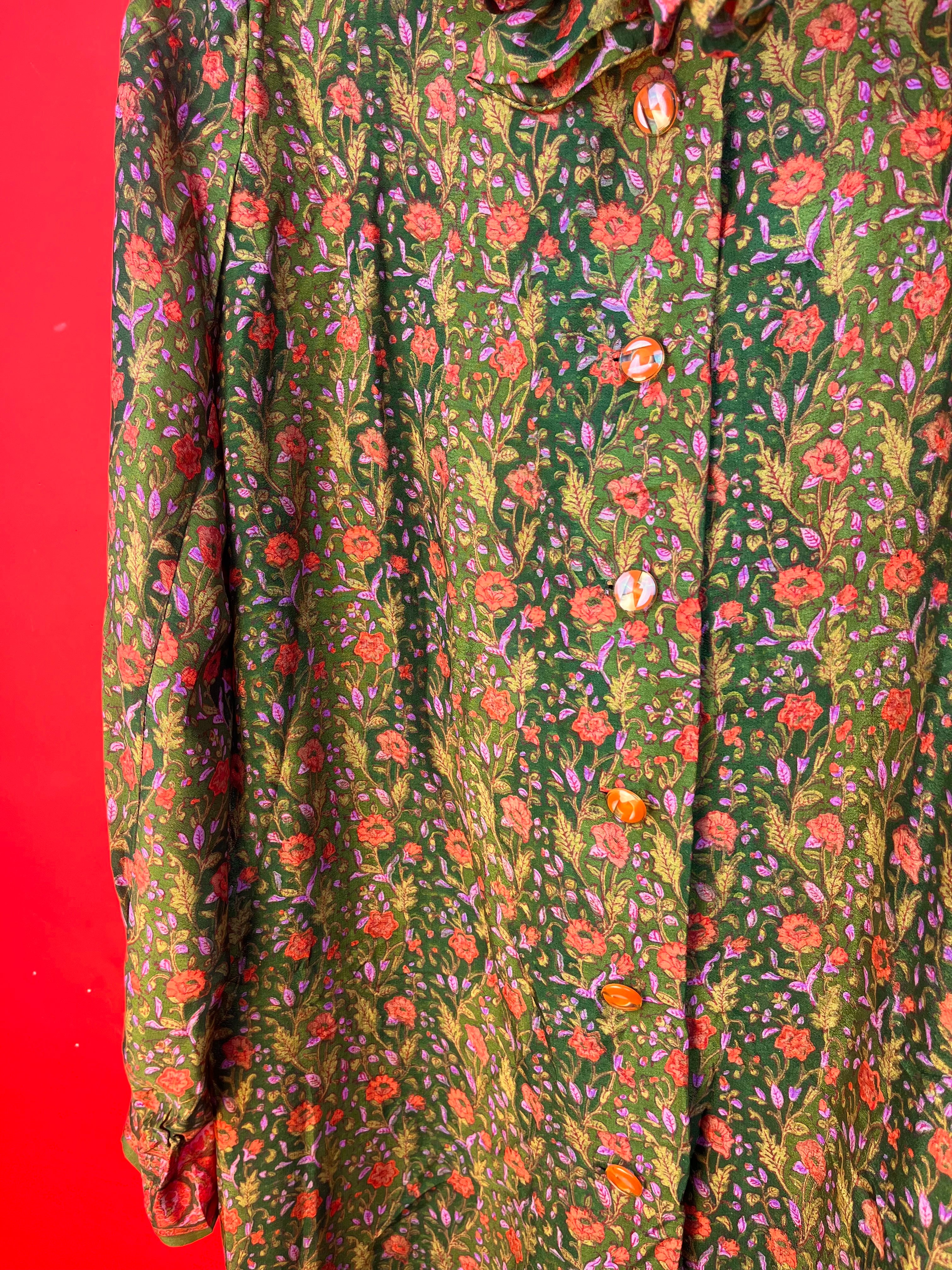 Vintage Floral Bow Dress Green Boho M/L