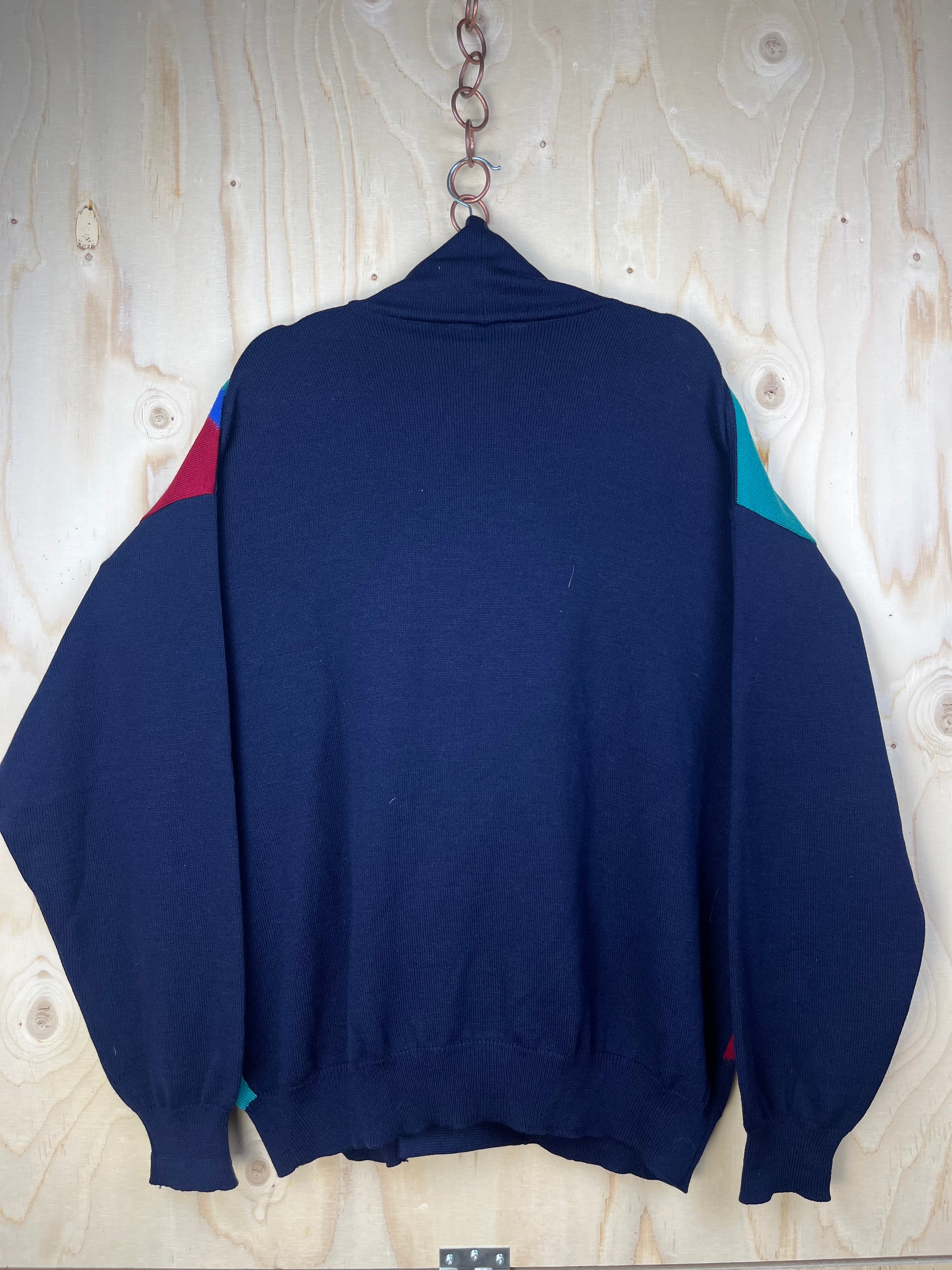 Vintage Italian Pure Wool Cardigan Geometric Pattern Navy Blue Oversized Fit