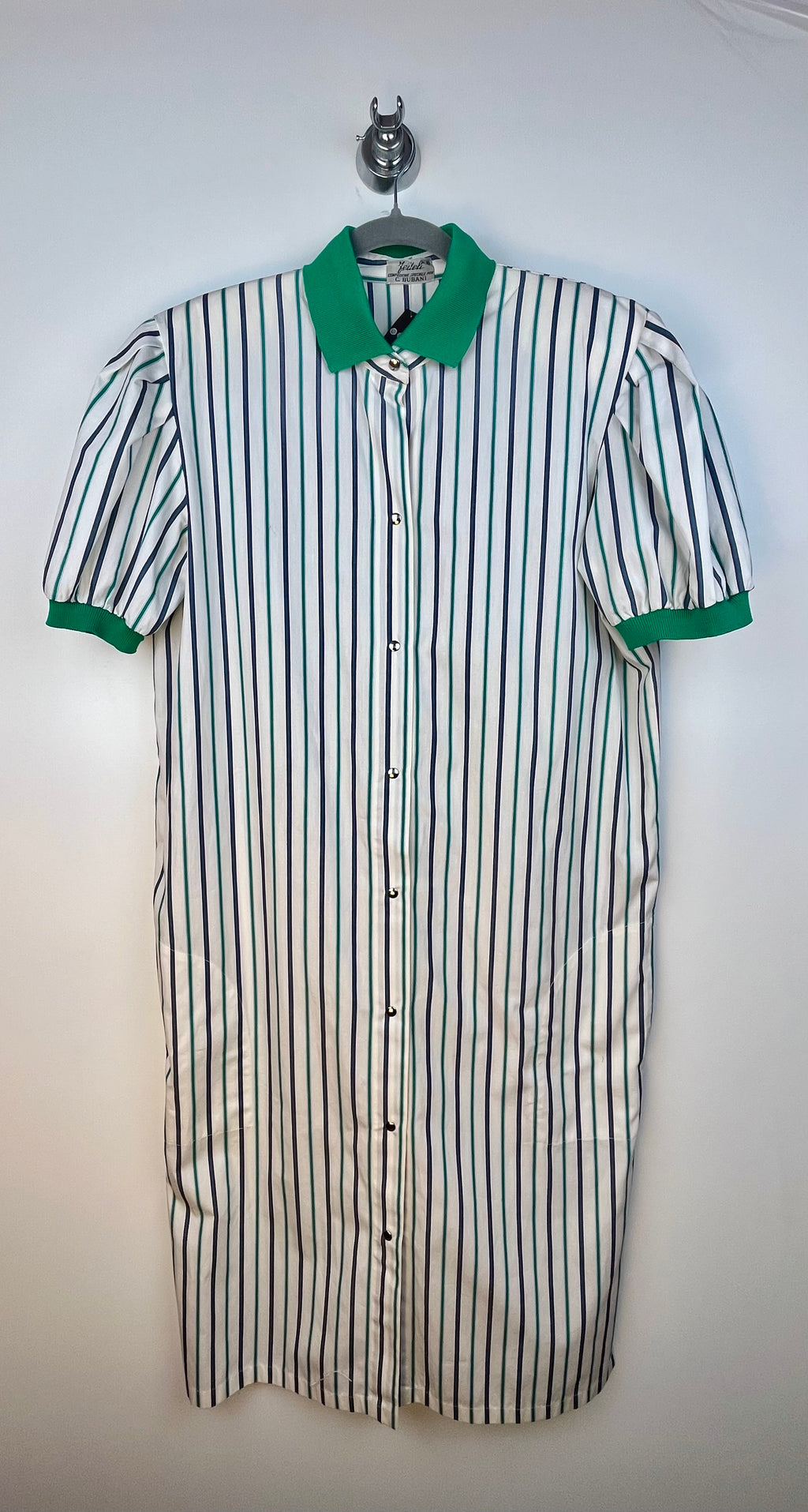 Vintage Striped Shirt Dress with Green Contrast Collar