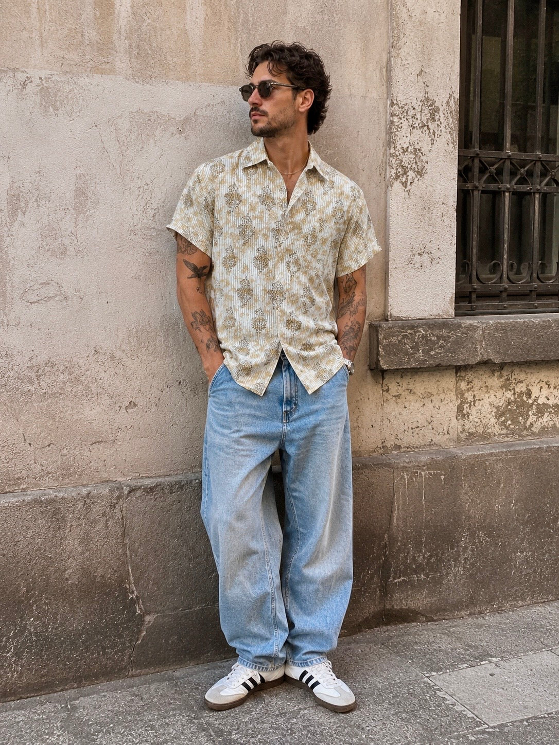 Camicia Vintage 90s in Cotone Fantasia Beige e Azzurro