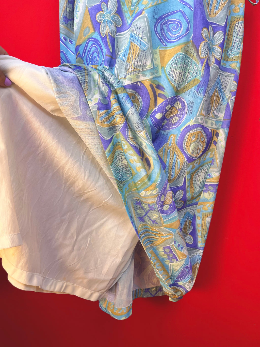 Abito vintage anni ’90 fantasia astratta lilla e azzurro