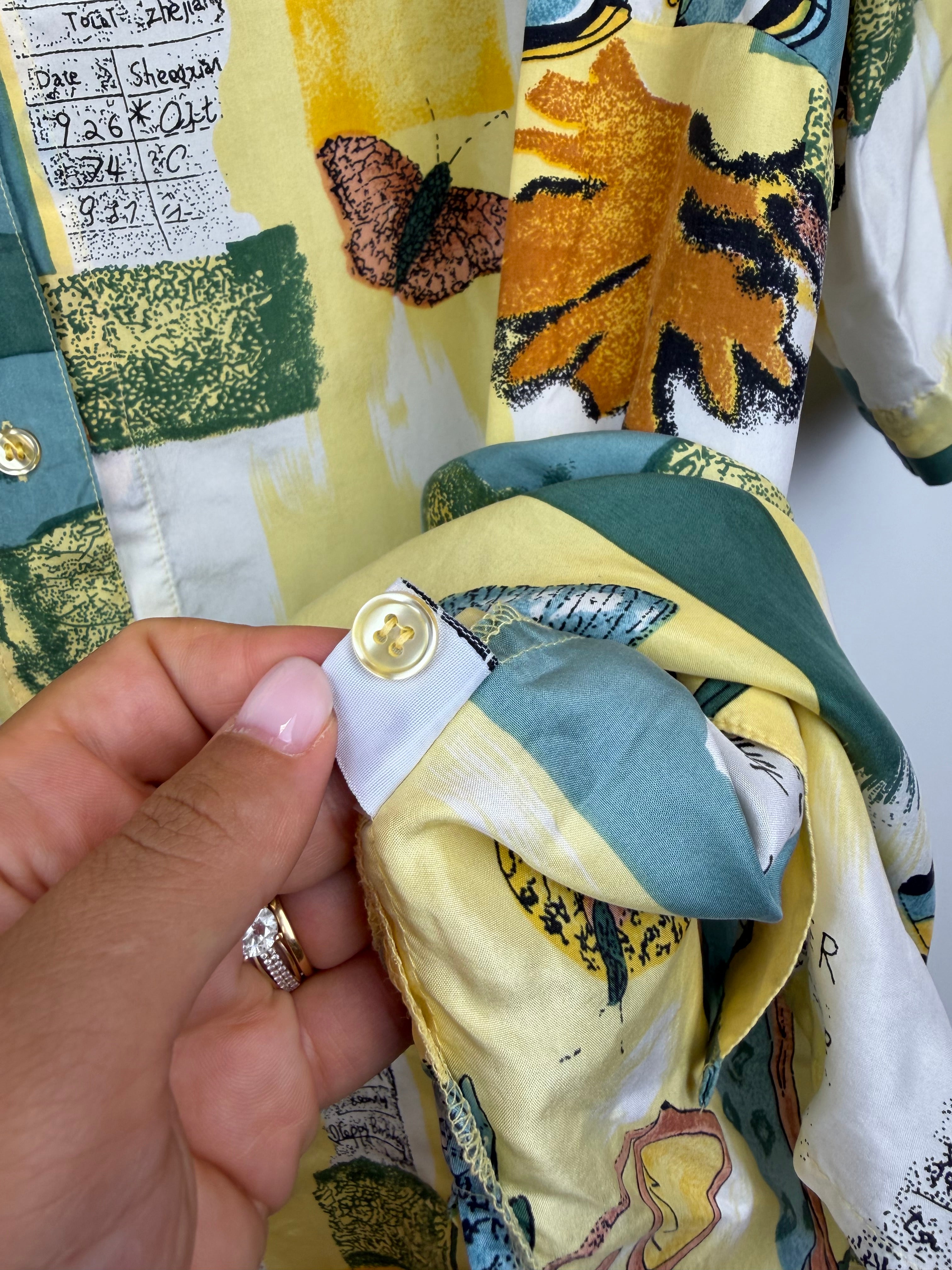Camicia vintage 100% seta fantasia astratta gialla e verde
