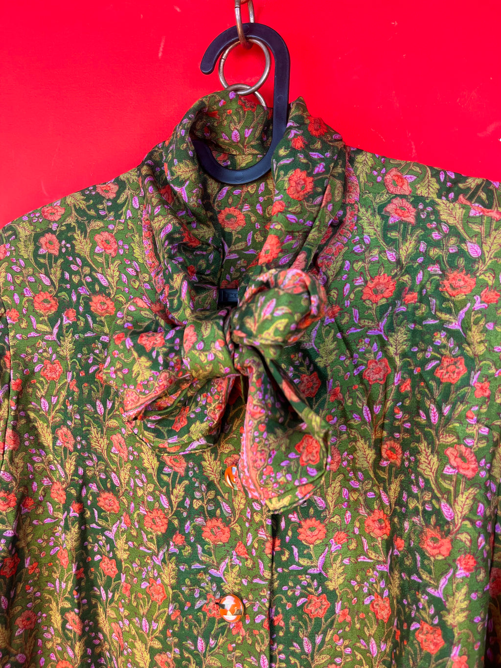 Vintage Floral Bow Dress Green Boho M/L