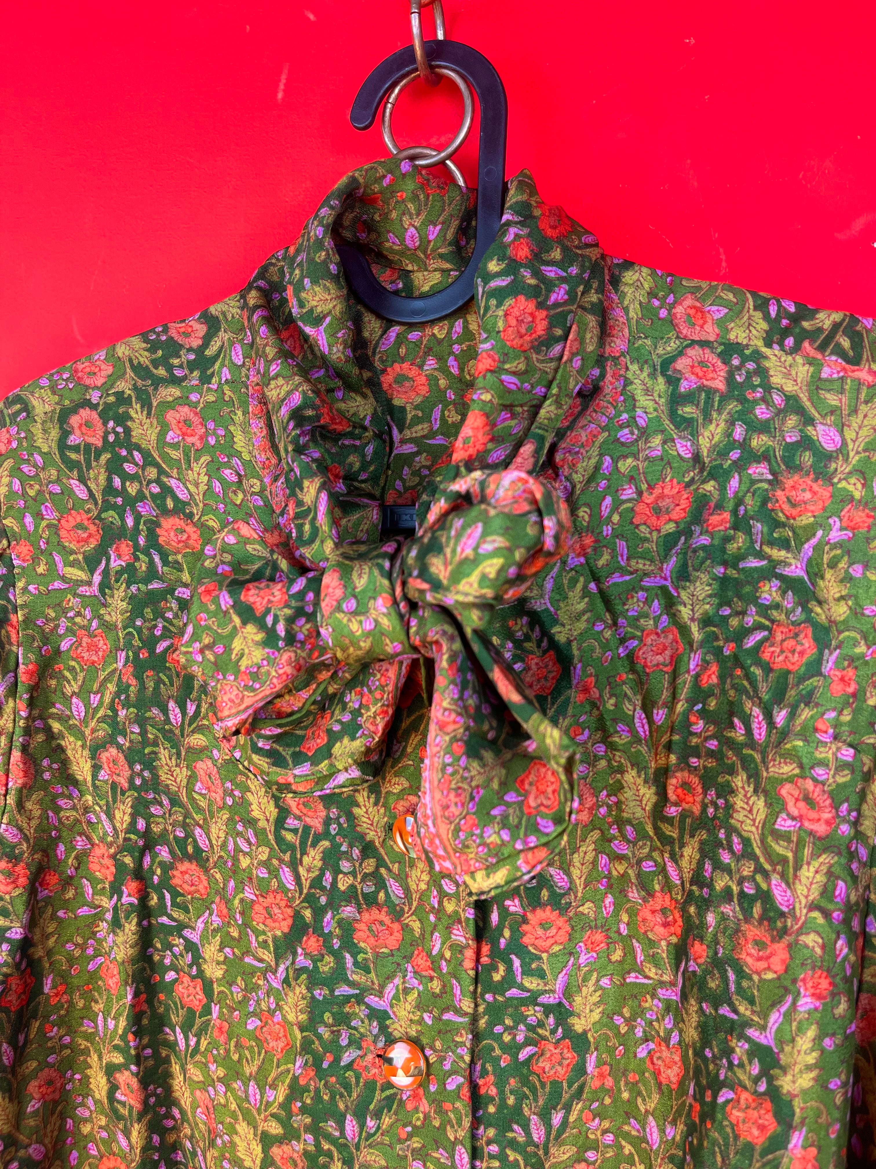 Vintage Floral Bow Dress Green Boho M/L