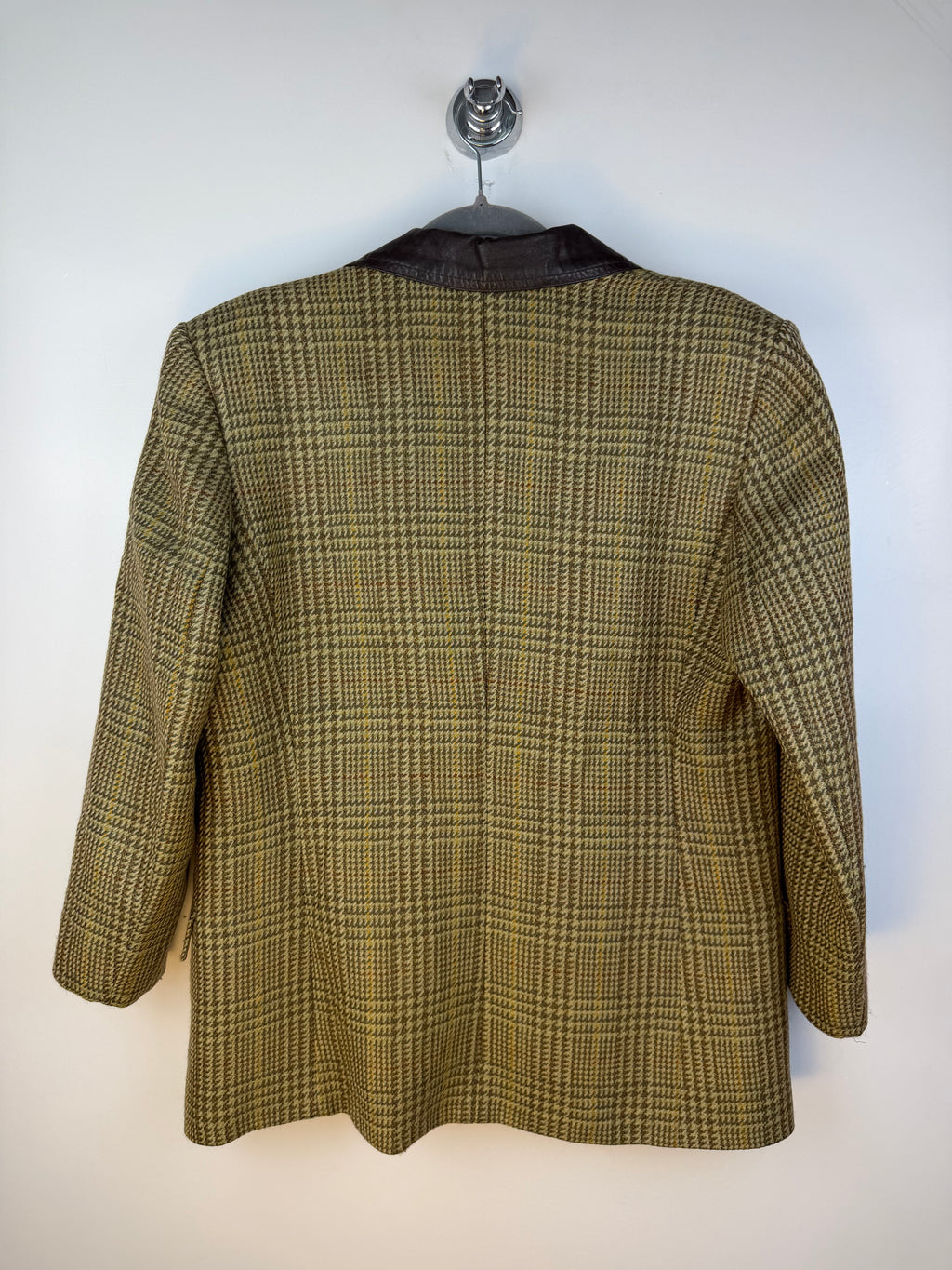 Blazer vintage 80s in lana vergine – check verde e collo a contrasto