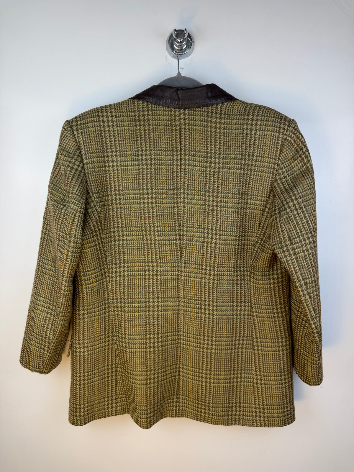 Blazer vintage 80s in lana vergine – check verde e collo a contrasto