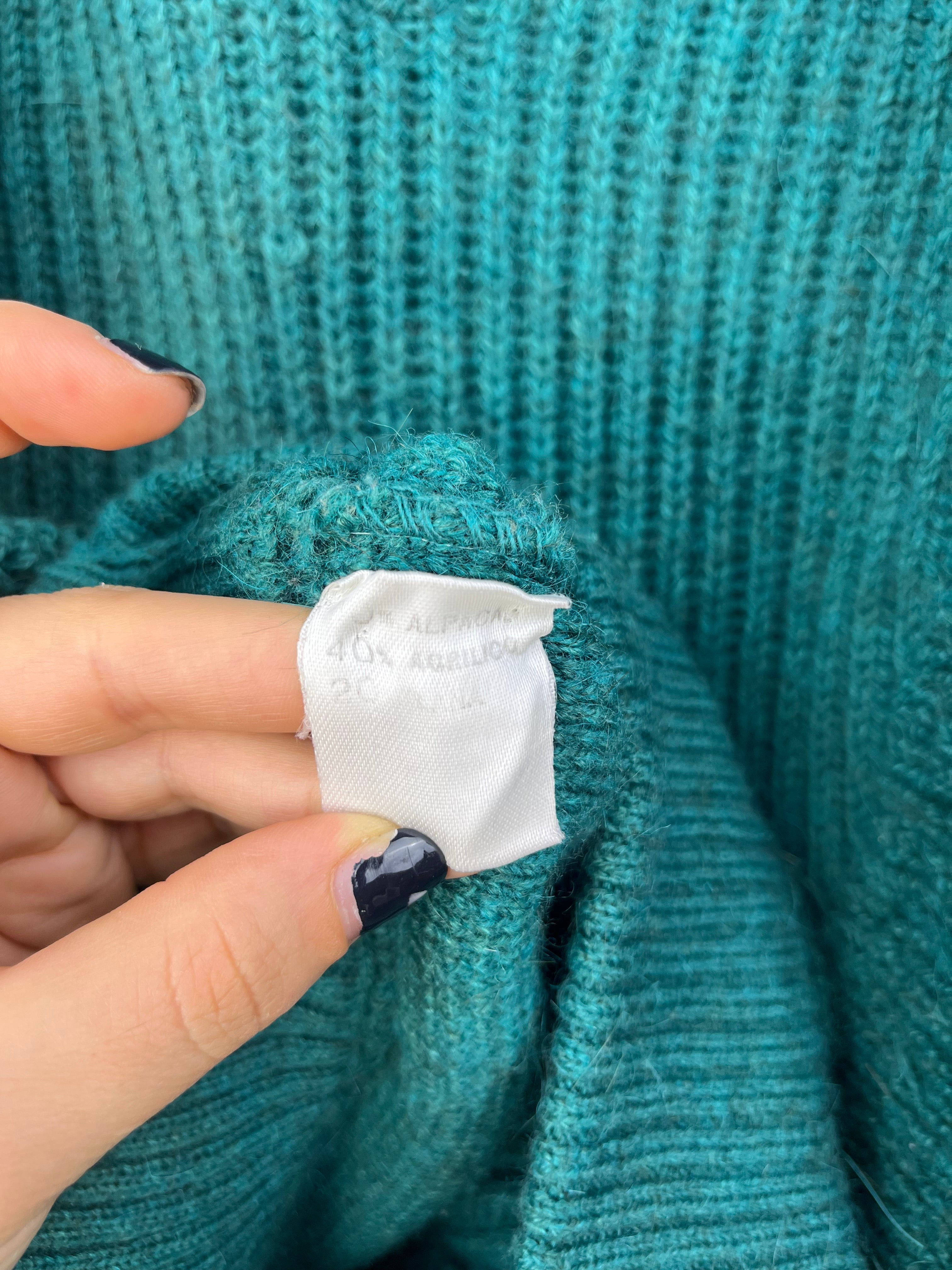 Vintage Italian Alpaca Wool Blend Turtleneck Sweater Teal Green Oversized Fit