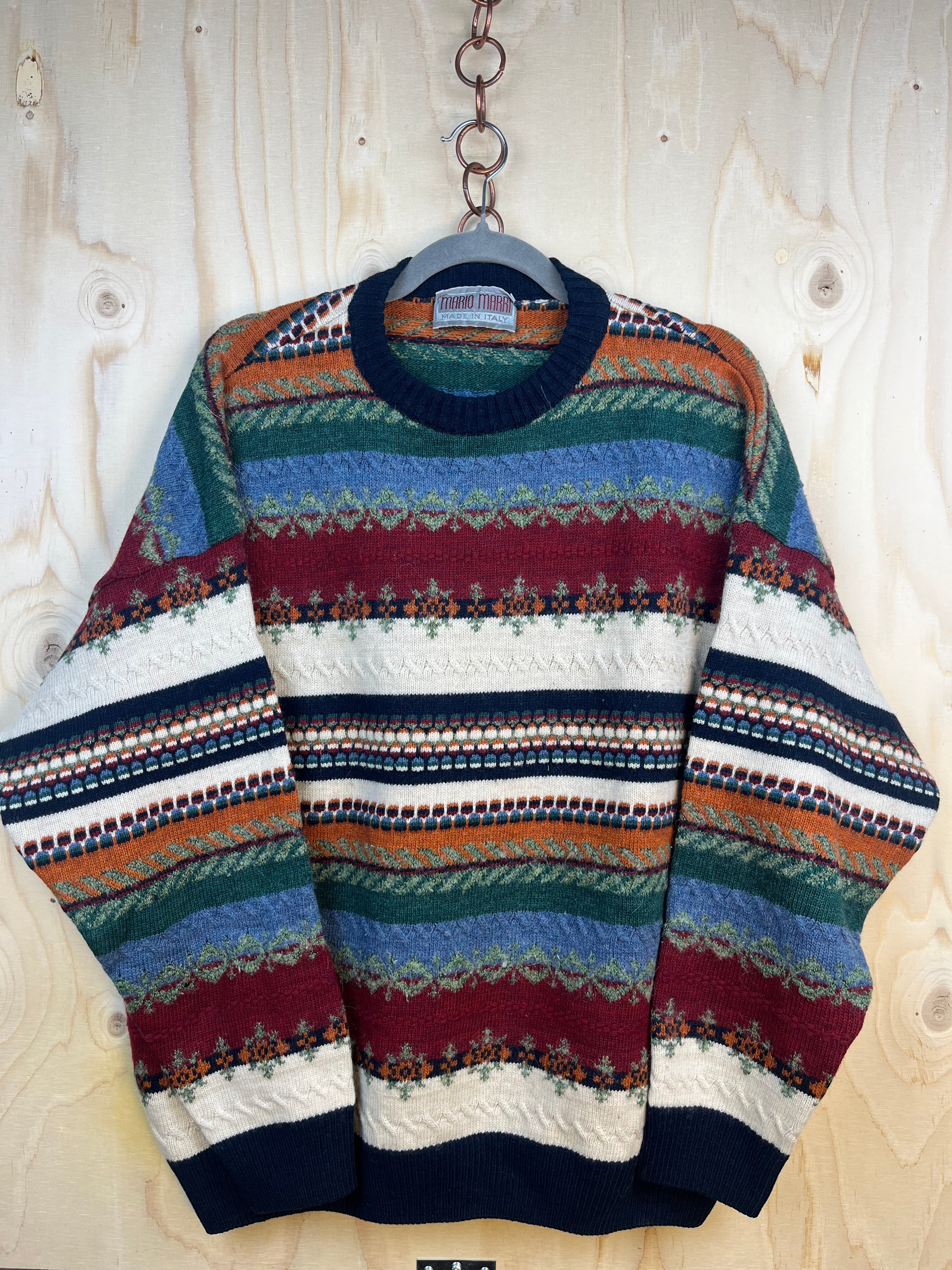 Vintage Pattern Sweater Wool Blend Multicolor Crewneck Made in Italy