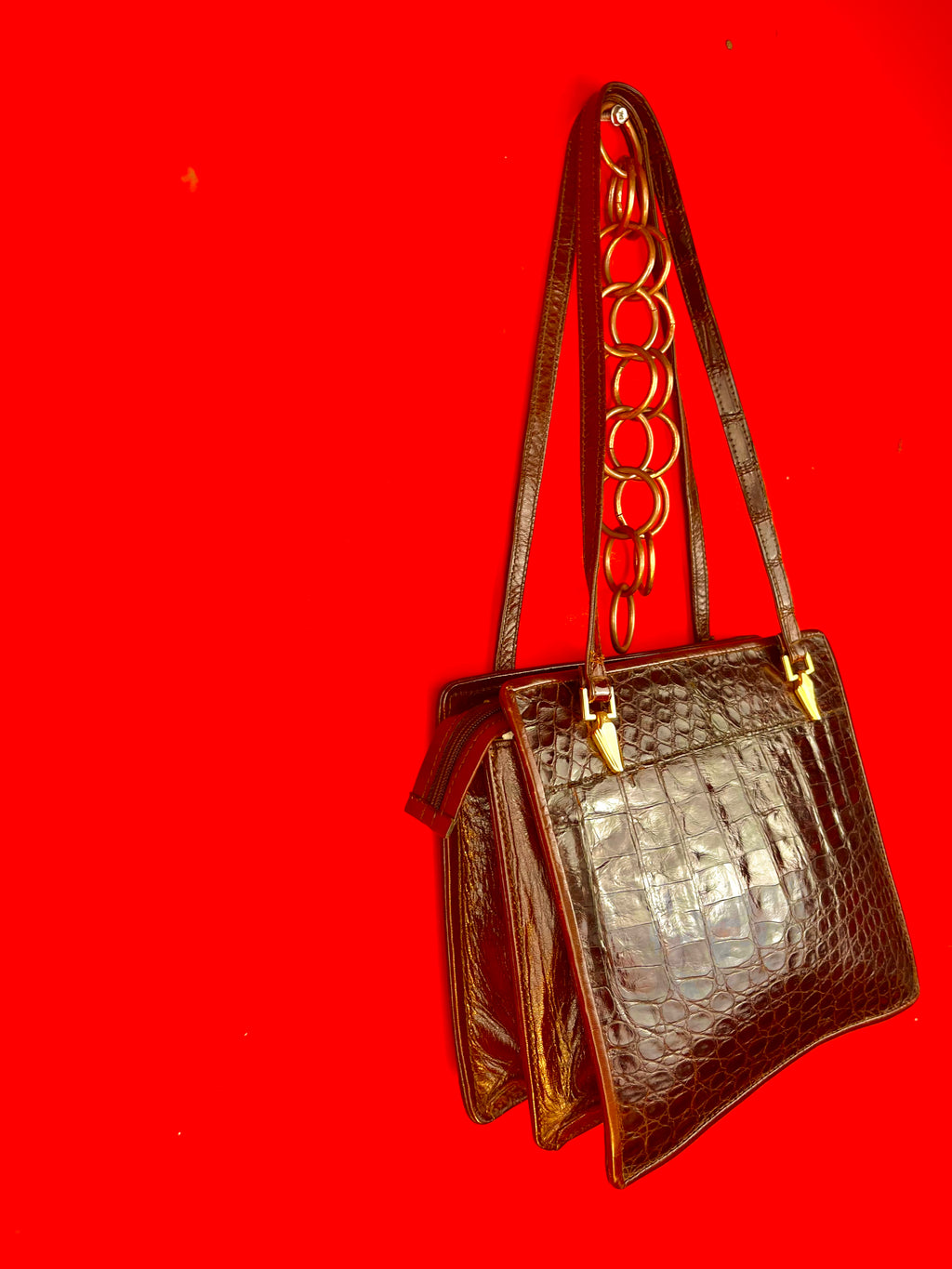 Borsa Vintage Effetto Coccodrillo Marrone Lucida Anni 90