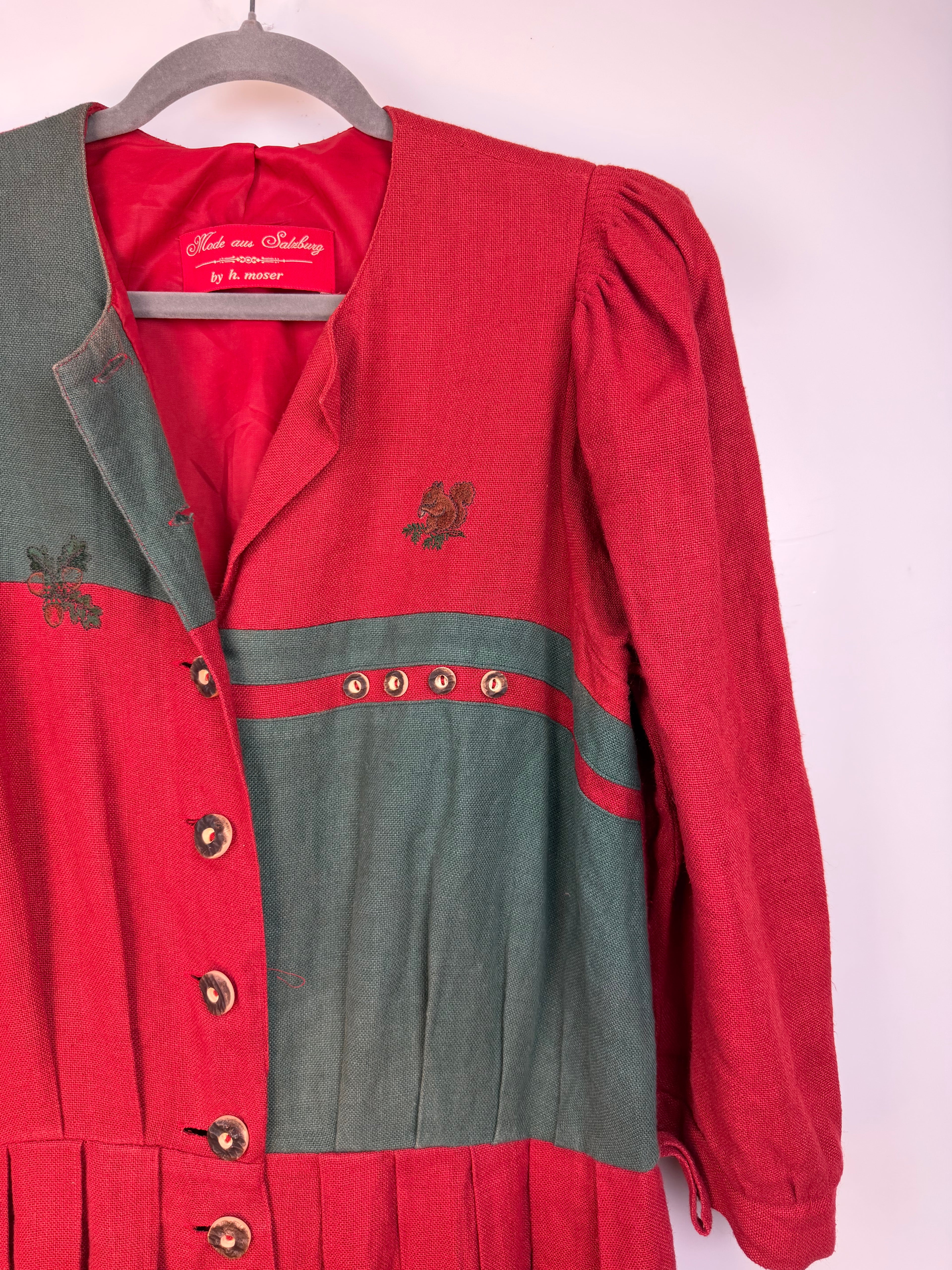 Vintage Austrian Linen Blend Dress by H. Moser – Red & Green Tirolean Maxi Dress