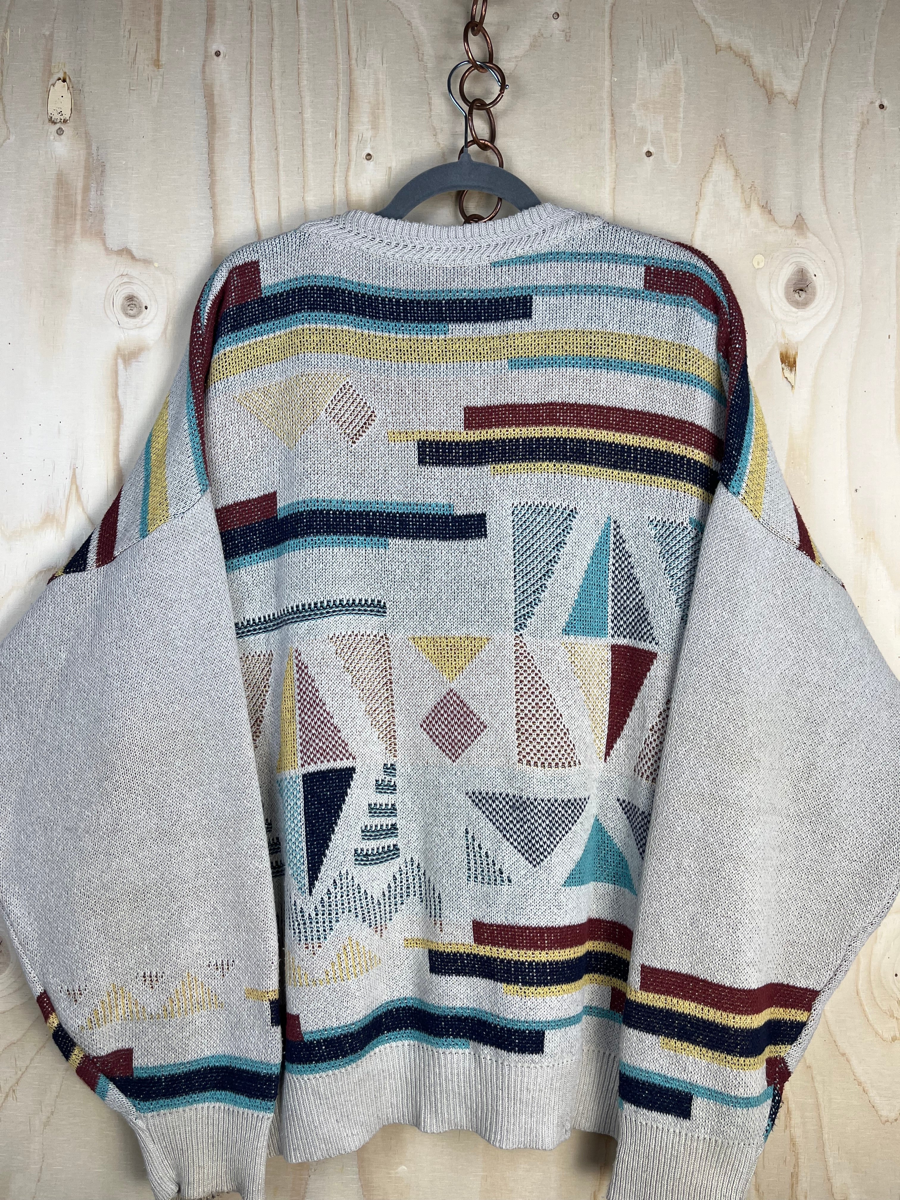 Vintage Geometric Pattern Cardigan Oversize Cotton Blend 90s
