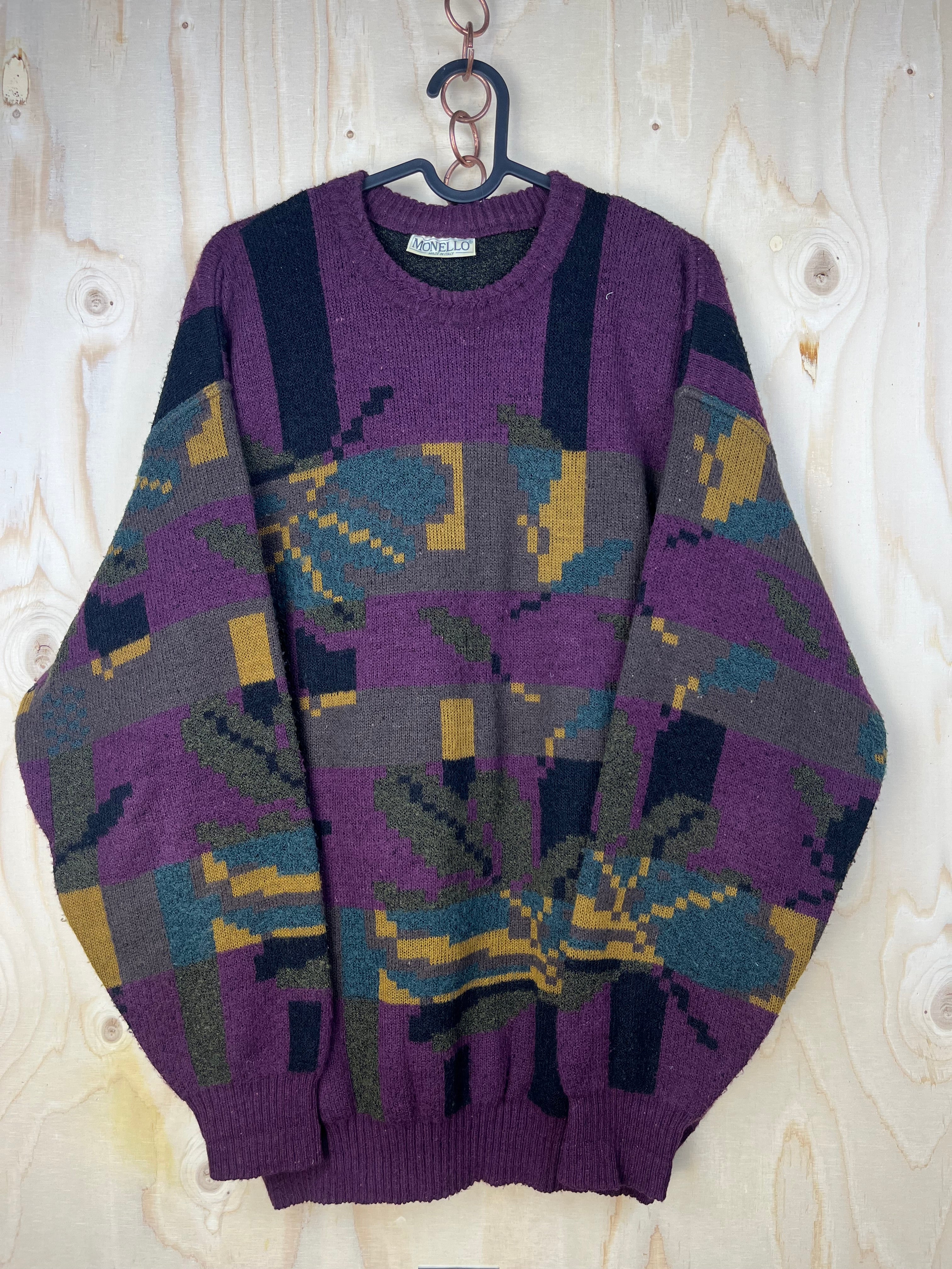 Vintage Italian Alpaca Blend Pattern Sweater Purple Abstract Knit Made in Italy