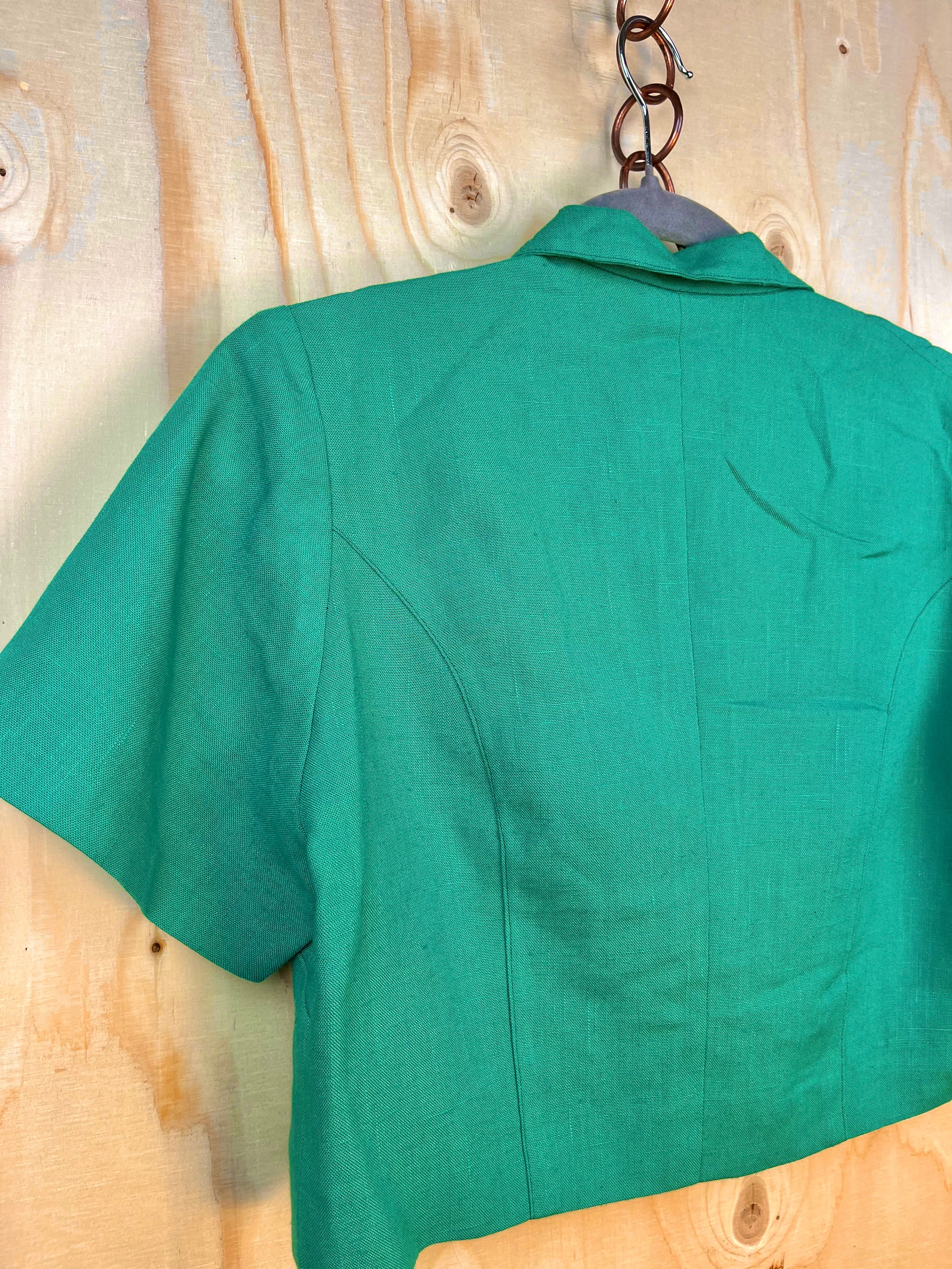 Vintage Linen Cropped Blazer – Emerald Green