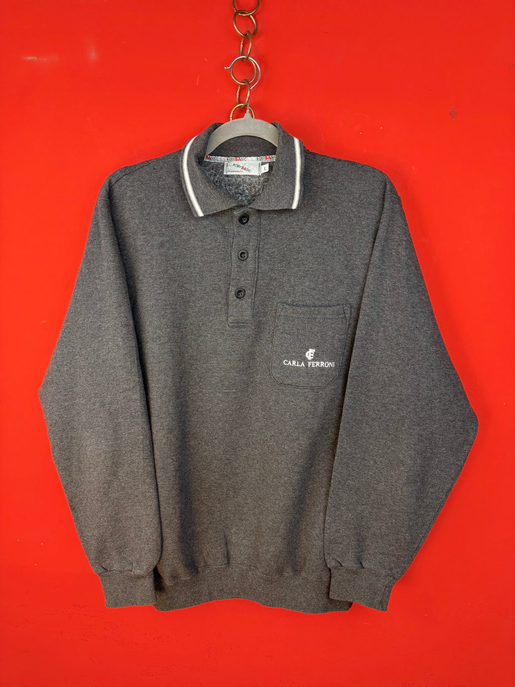Vintage Carla Ferroni Grey Fleece Polo Sweatshirt – Lined Long Sleeve Pullover