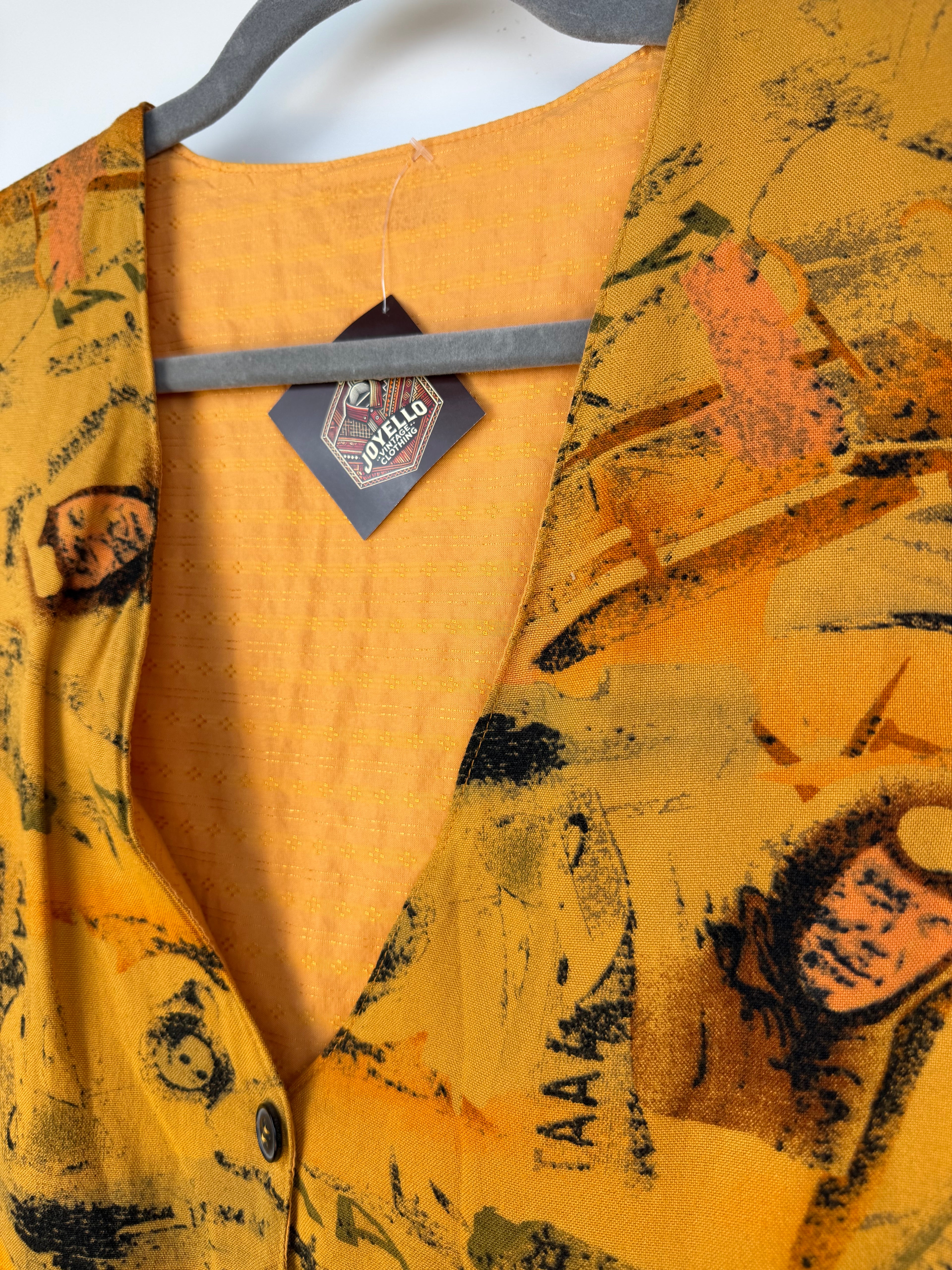 Vintage 90s Gilet Senape con Fantasia Astratta