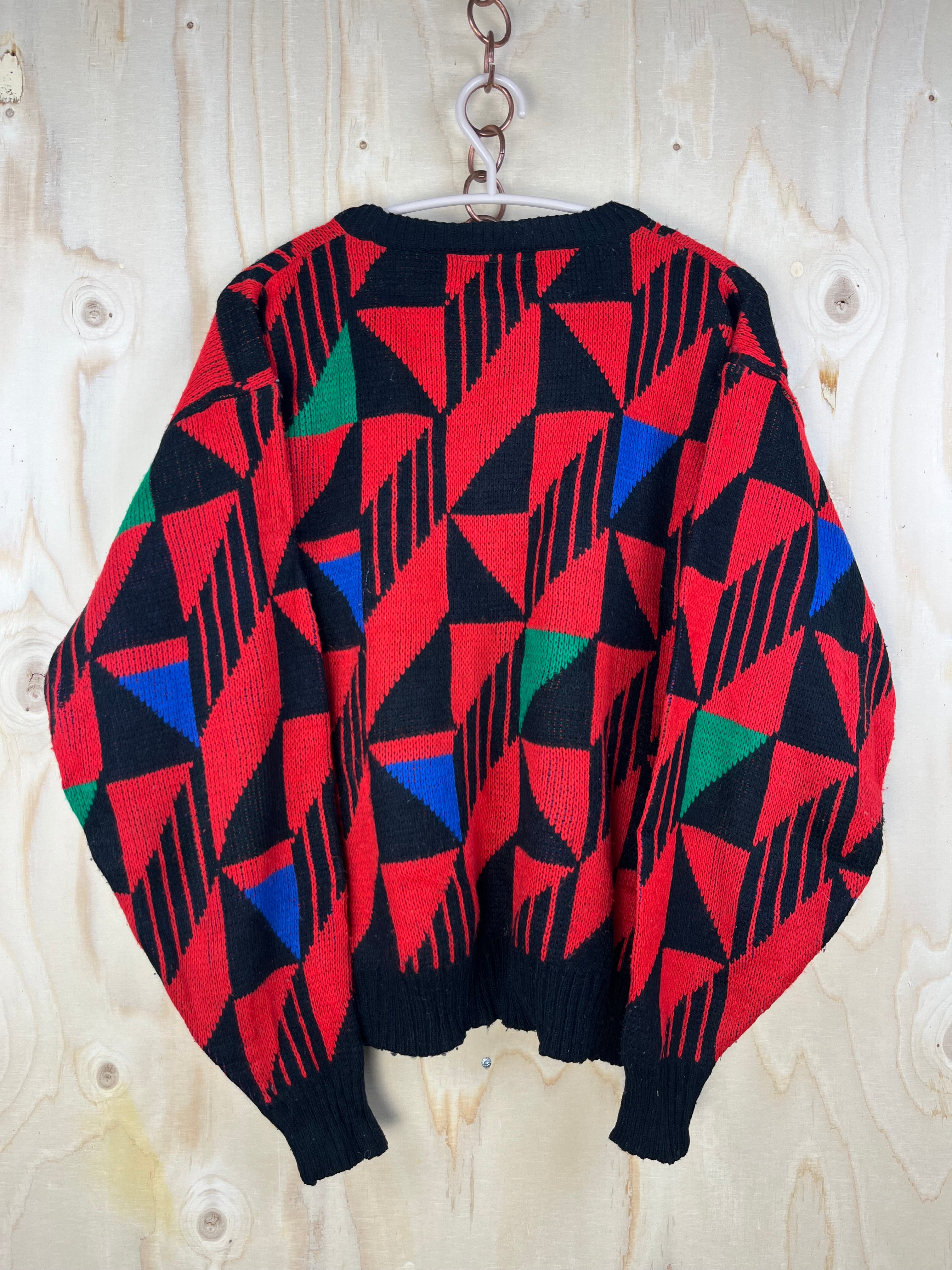 Vintage 90s Geometric Knit Sweater – Red & Black Oversized