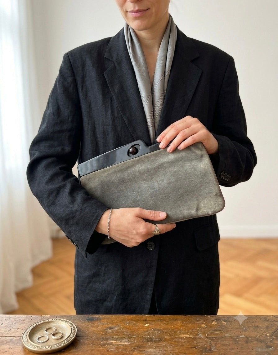 Vintage Made in Italy Grey Suede Frame Clutch