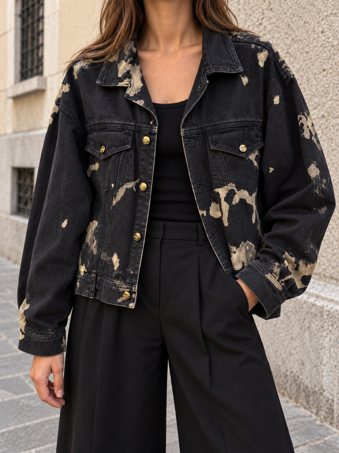 Giacca vintage in denim tie-dye nero e beige – Monte Quato