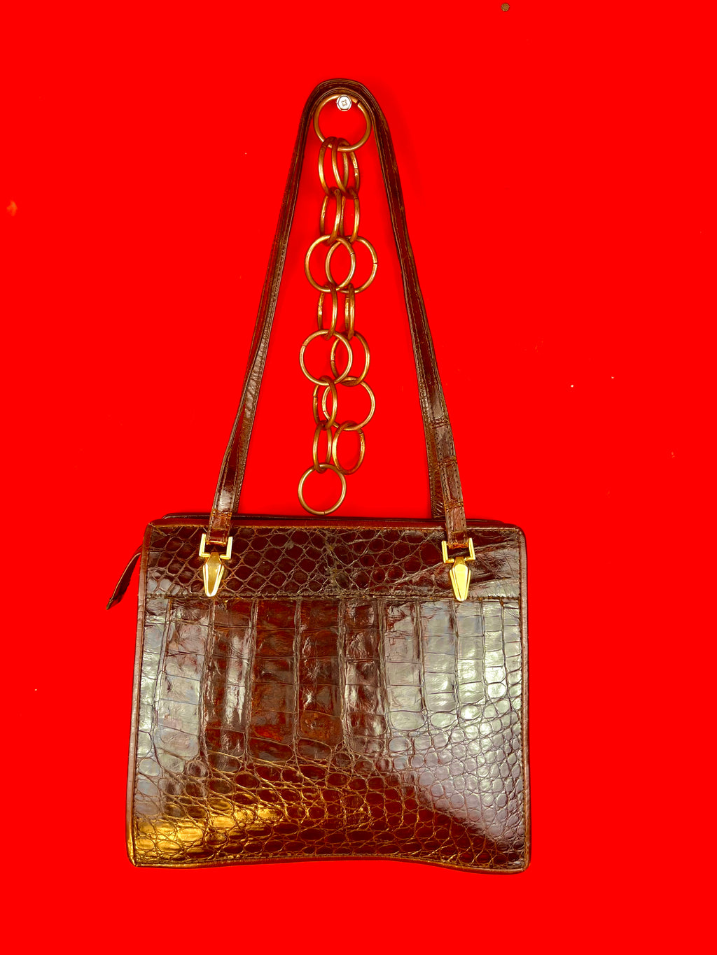 Borsa Vintage Effetto Coccodrillo Marrone Lucida Anni 90