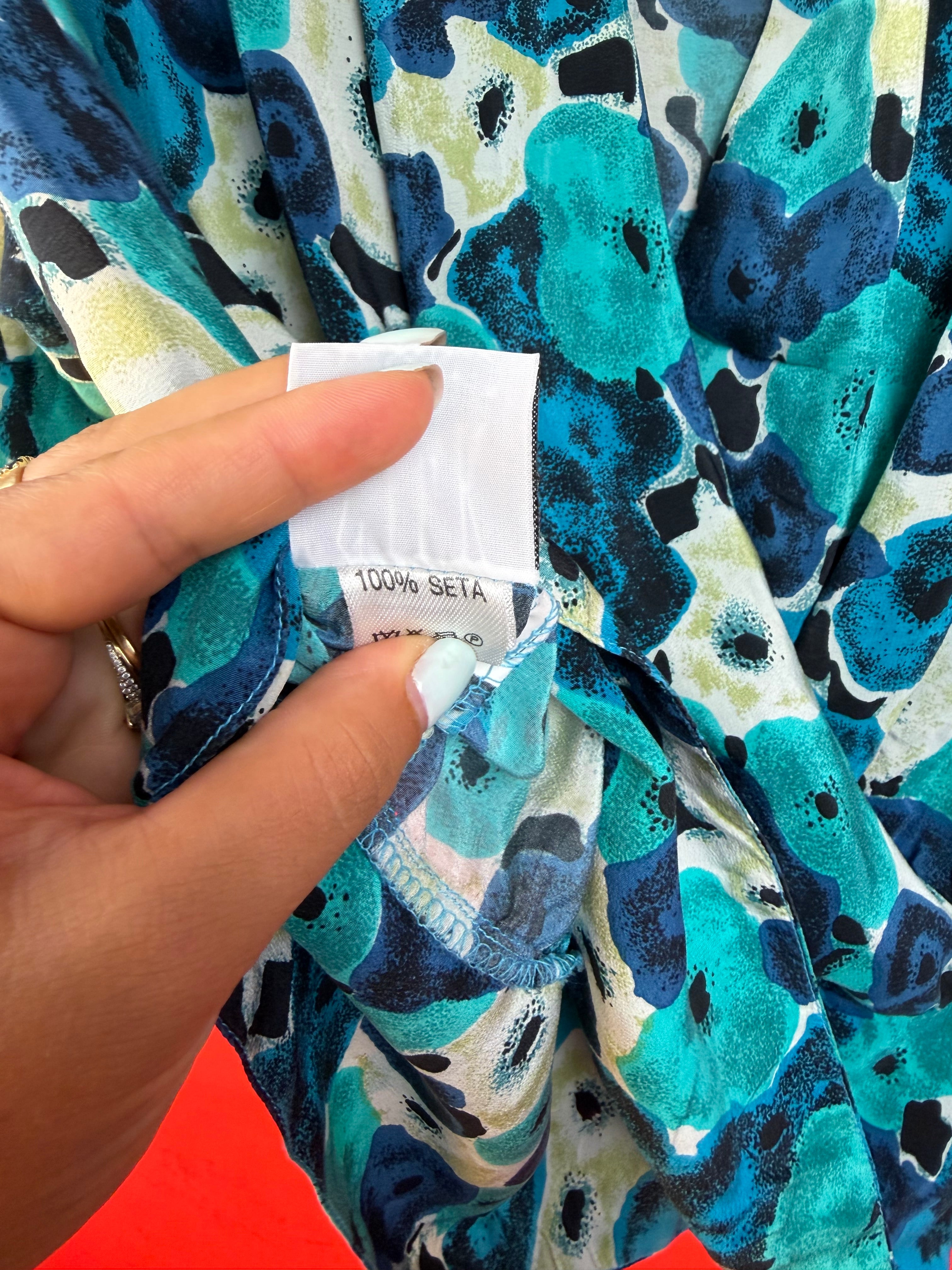 Blusa Vintage 100% Seta Fantasia Blu e Turchese
