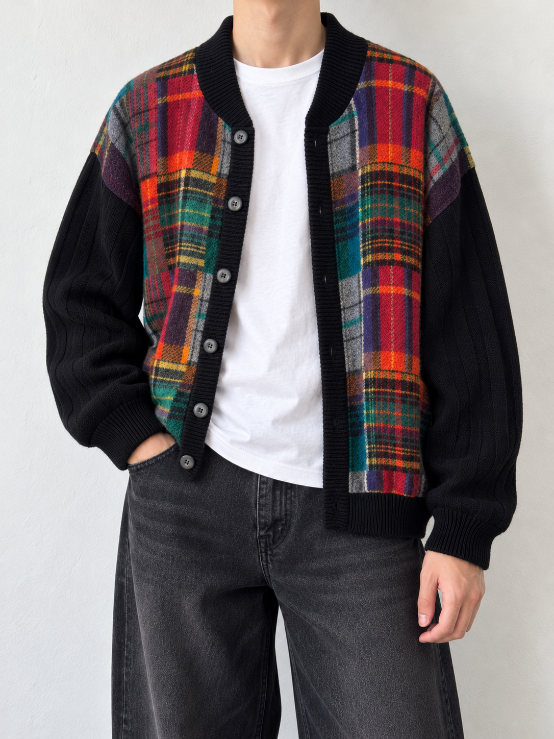Cardigan vintage tartan multicolore con fodera trapuntata