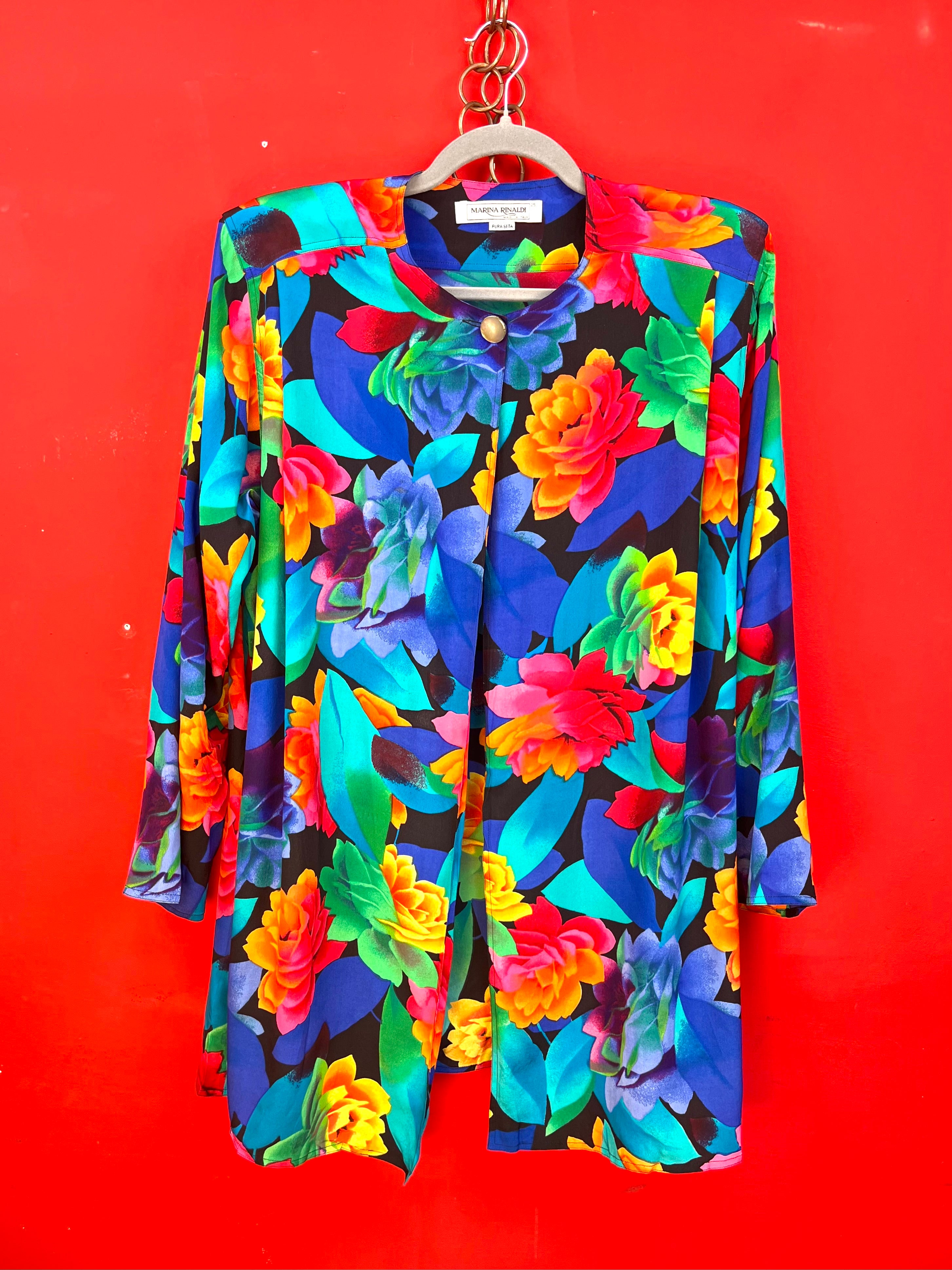 Vintage Marina Rinaldi Silk Floral Blouse Made in Italy 90s Multicolor Jacket Top