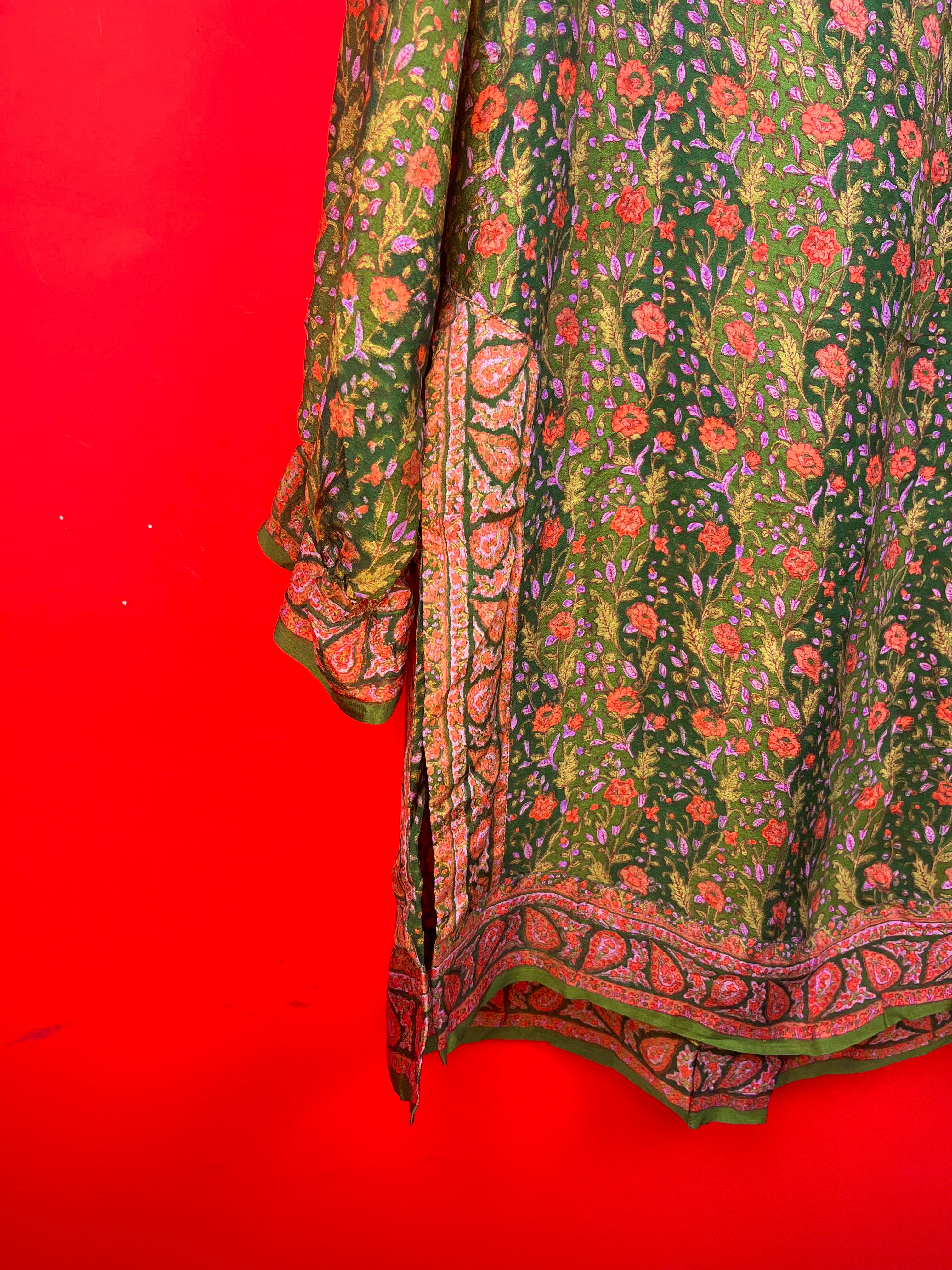 Vintage Floral Bow Dress Green Boho M/L