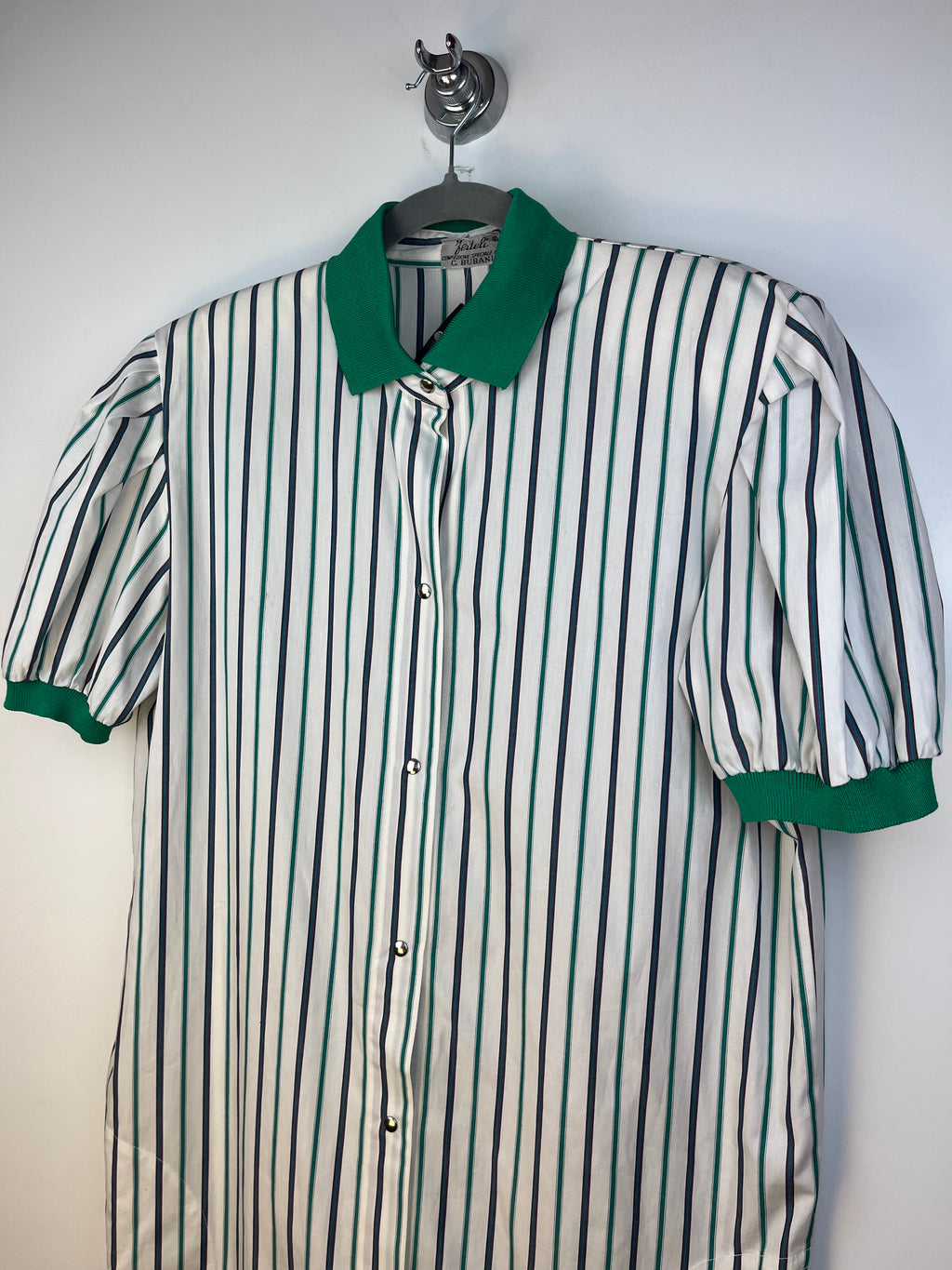 Vintage Striped Shirt Dress with Green Contrast Collar