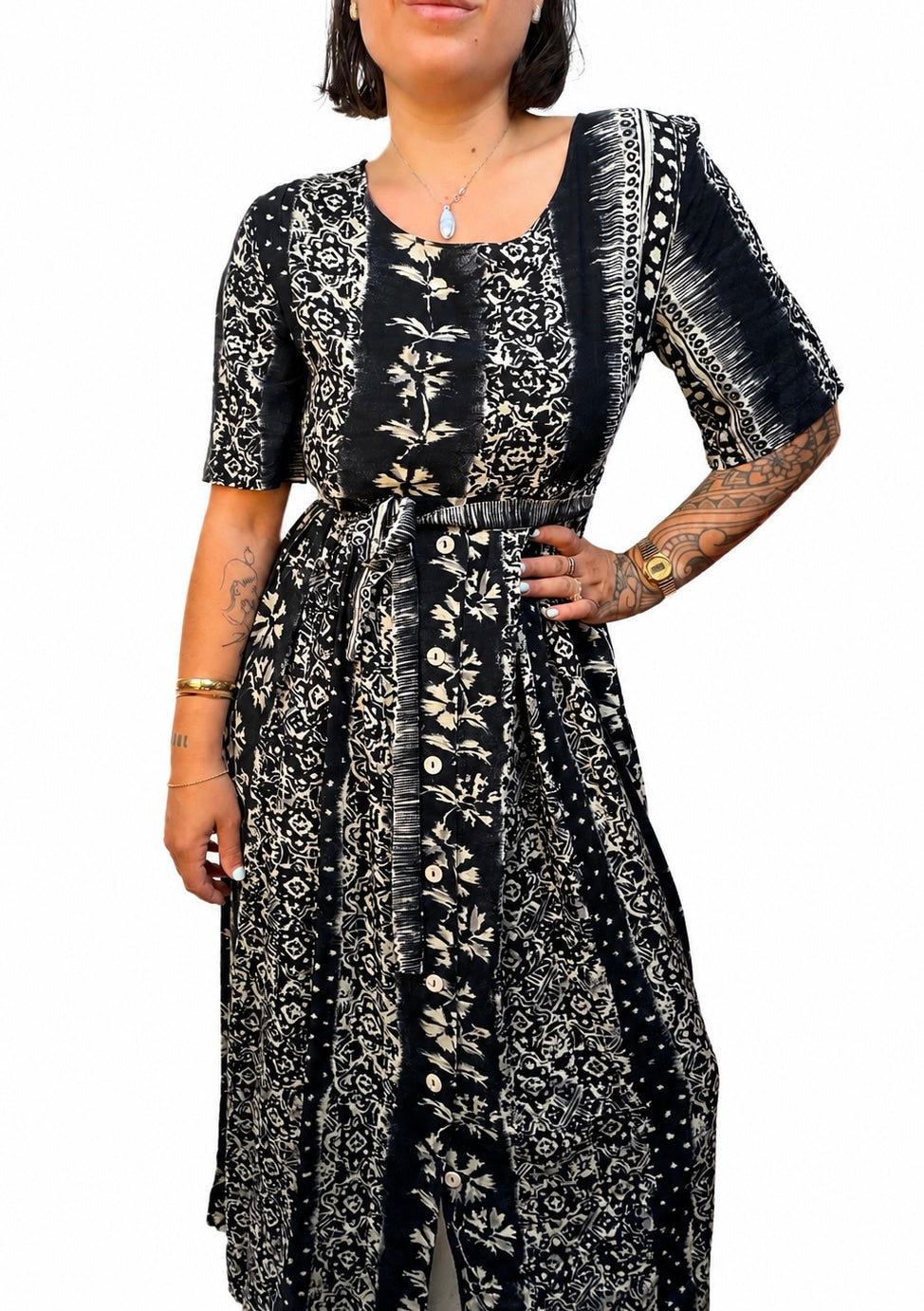 Abito lungo vintage Crazy Line Firenze fantasia bianco e nero