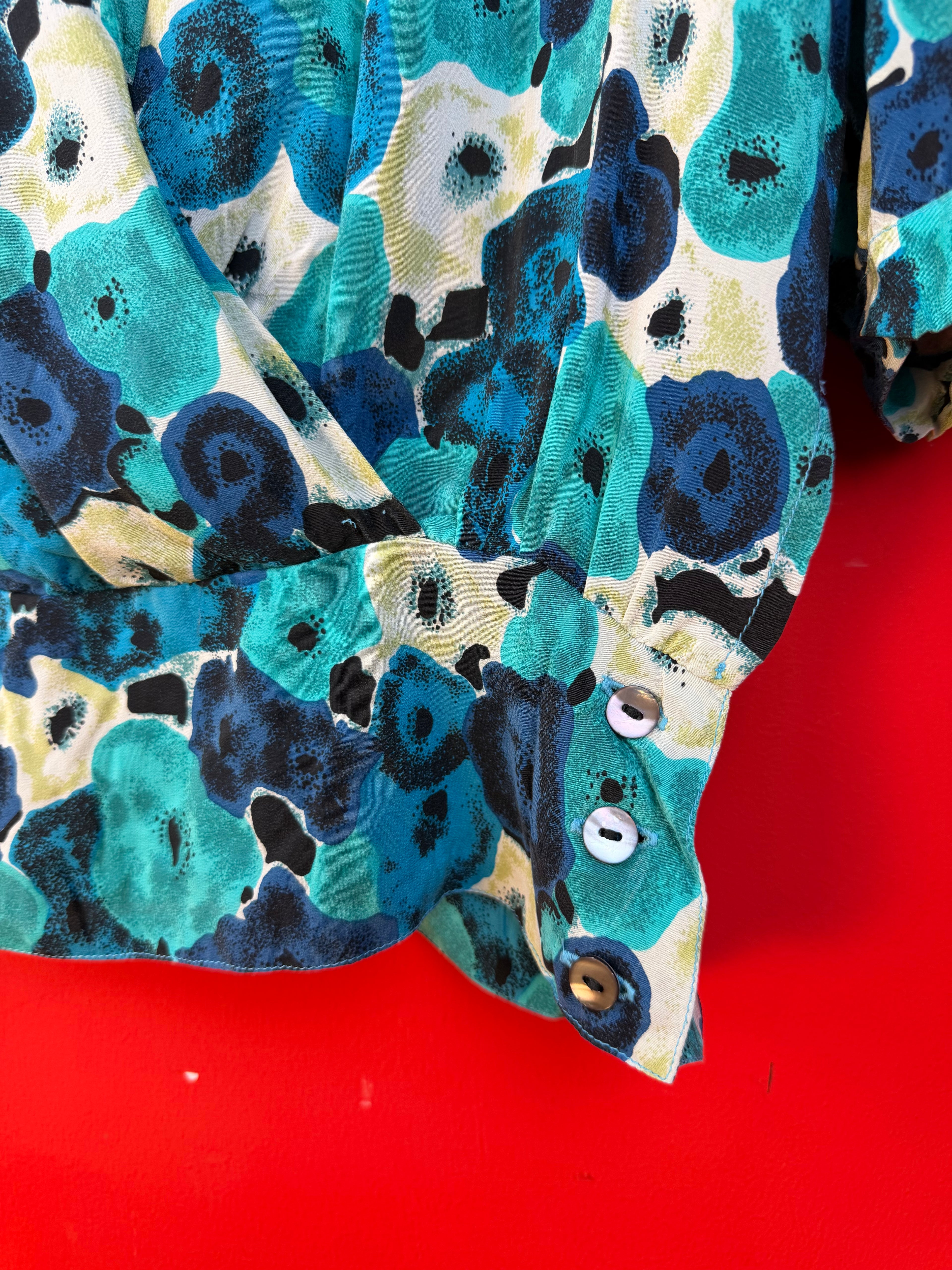 Blusa Vintage 100% Seta Fantasia Blu e Turchese