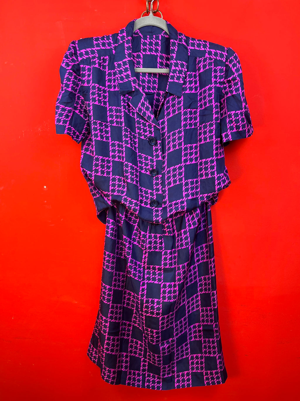 Vintage 80s 90s Purple Geometric Two Piece Skirt Set