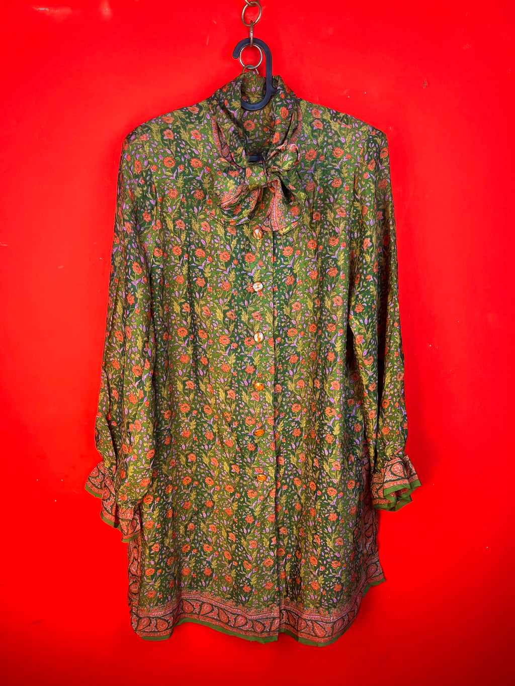 Vintage Floral Bow Dress Green Boho M/L