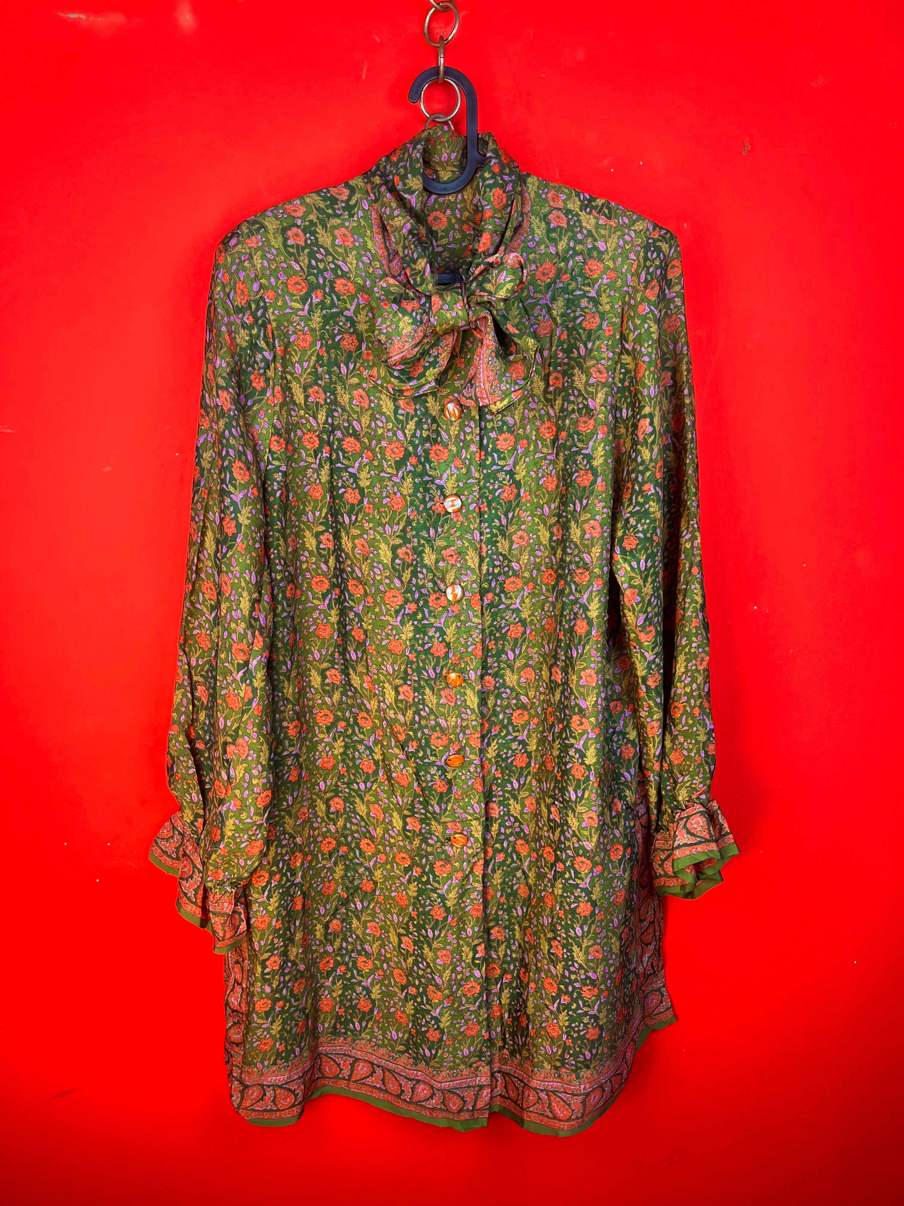 Vintage Floral Bow Dress Green Boho M/L