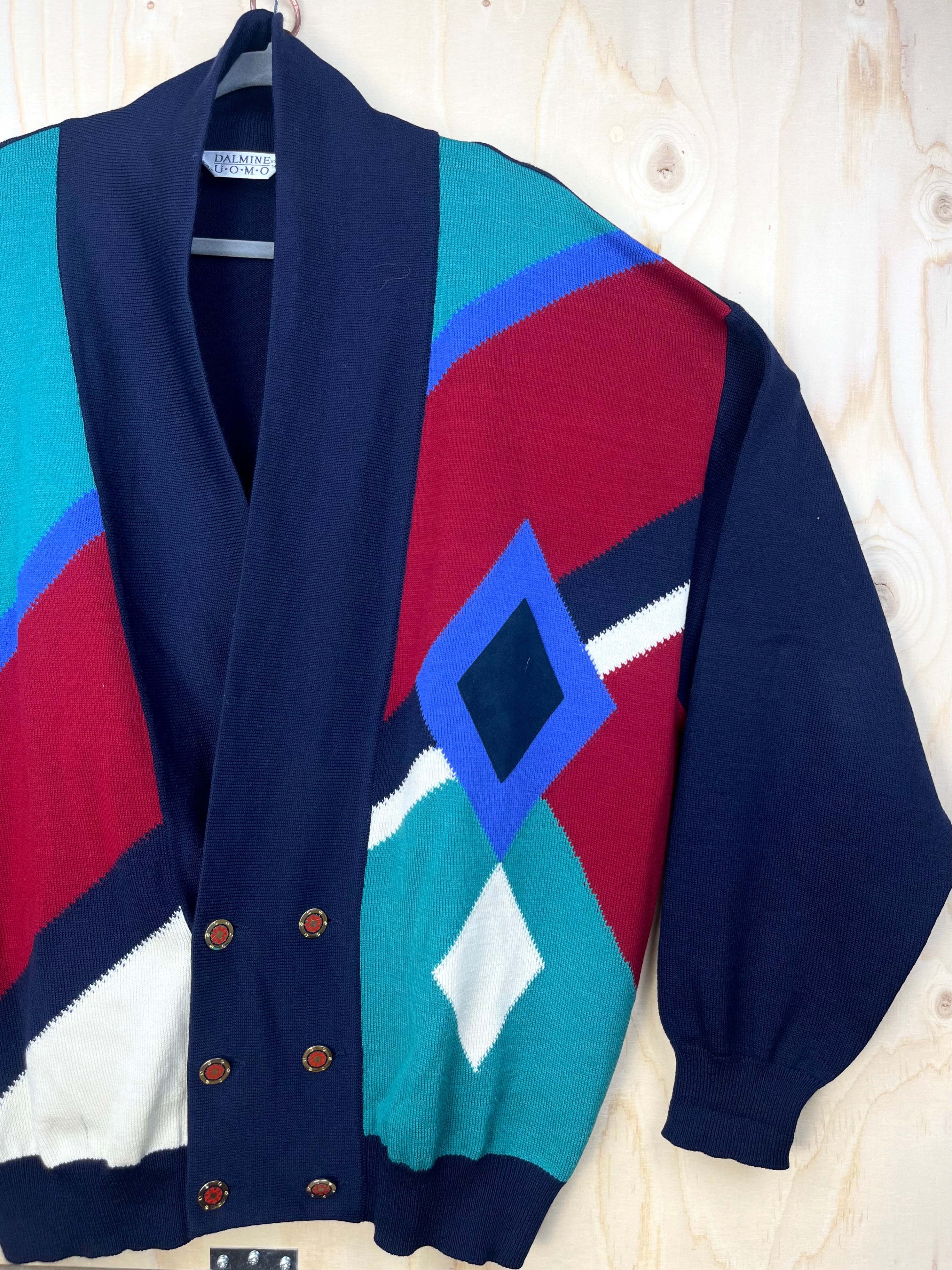 Vintage Italian Pure Wool Cardigan Geometric Pattern Navy Blue Oversized Fit